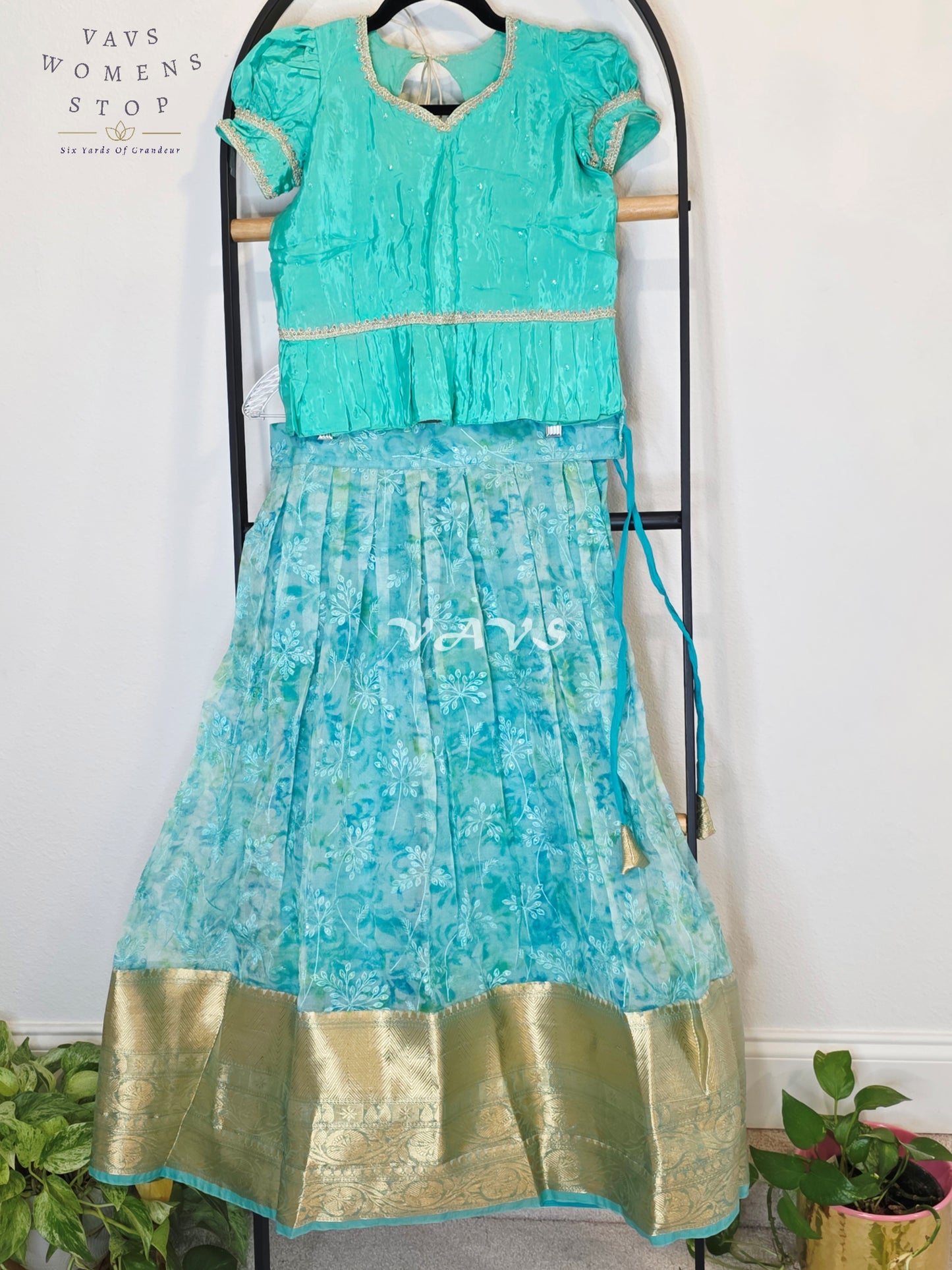 Royal Aqua Mint Shibori Organza Chikankari Lehenga Set with Seafoam Crepe Silk Sequins Butta Peplum Blouse | Girls 8–9 Years
