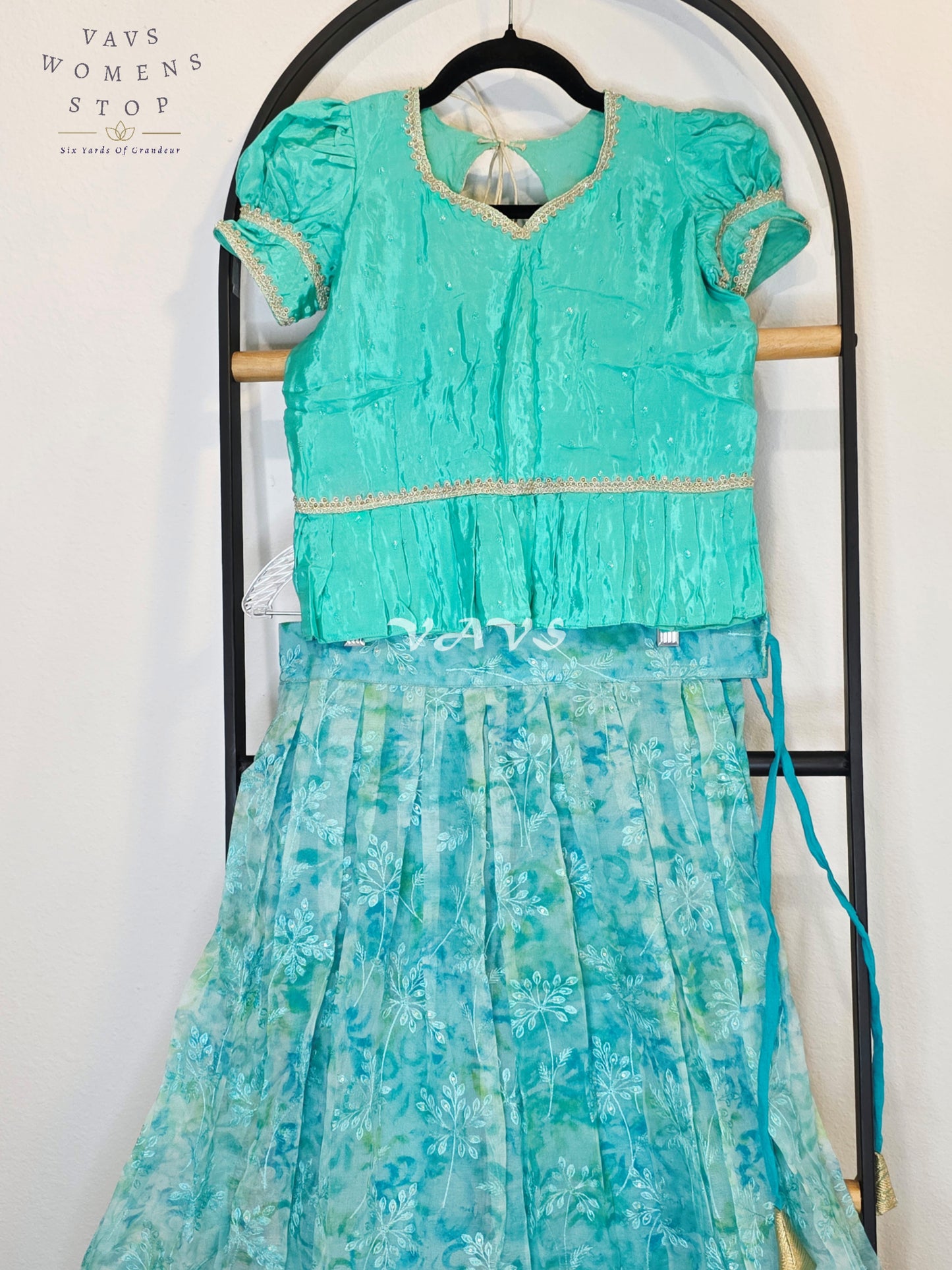 Royal Aqua Mint Shibori Organza Chikankari Lehenga Set with Seafoam Crepe Silk Sequins Butta Peplum Blouse | Girls 8–9 Years