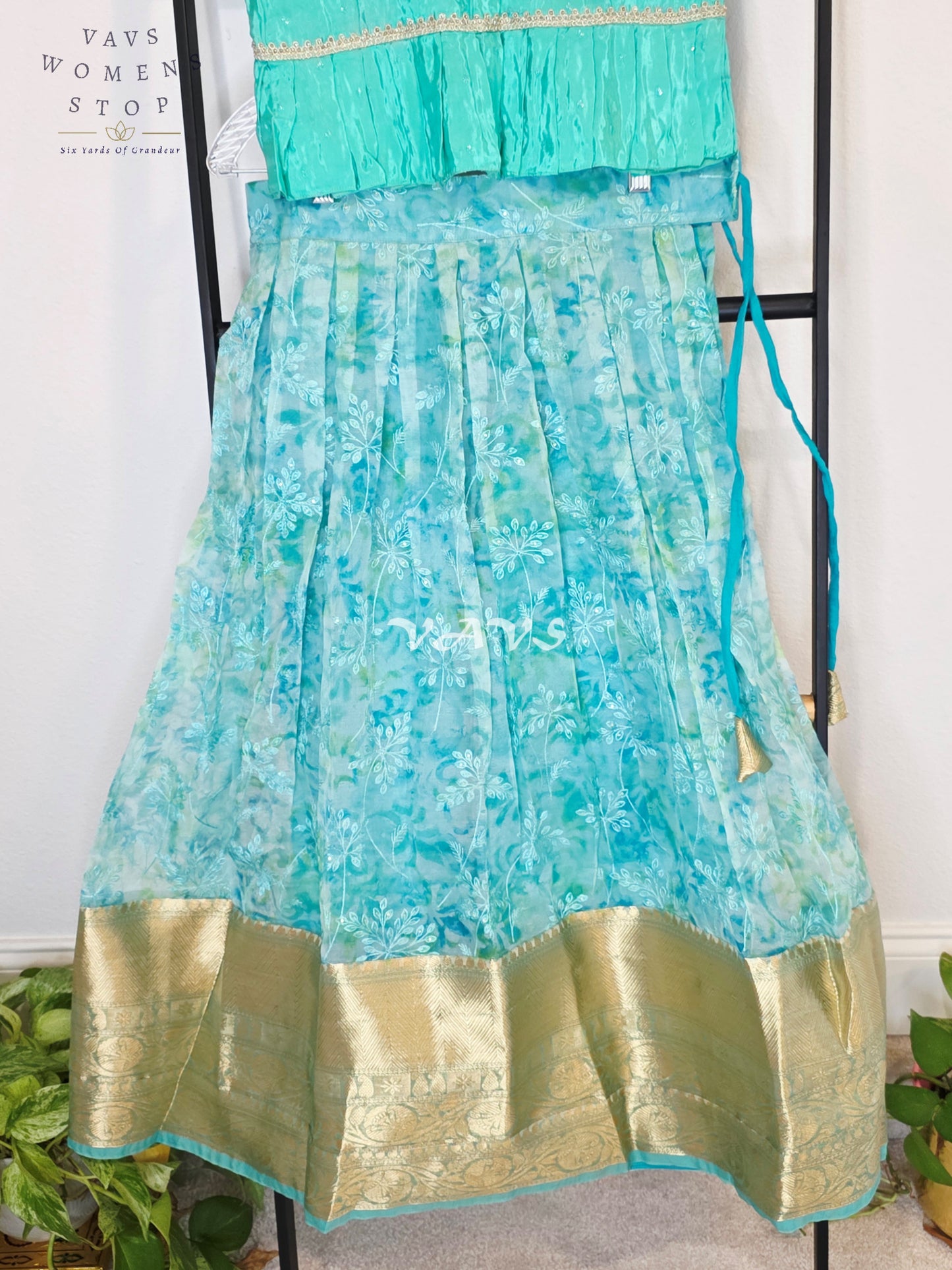 Royal Aqua Mint Shibori Organza Chikankari Lehenga Set with Seafoam Crepe Silk Sequins Butta Peplum Blouse | Girls 8–9 Years