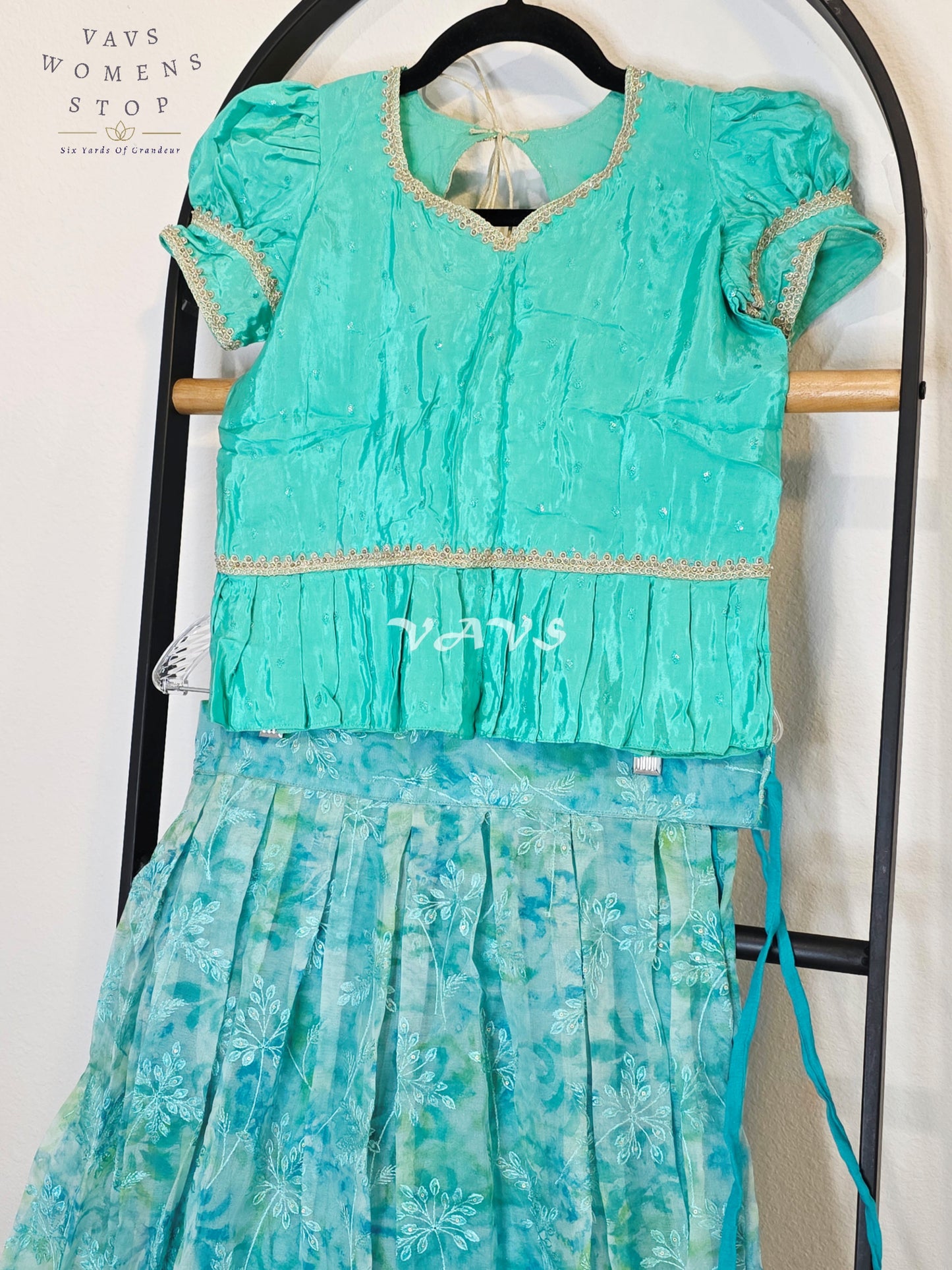 Royal Aqua Mint Shibori Organza Chikankari Lehenga Set with Seafoam Crepe Silk Sequins Butta Peplum Blouse | Girls 8–9 Years