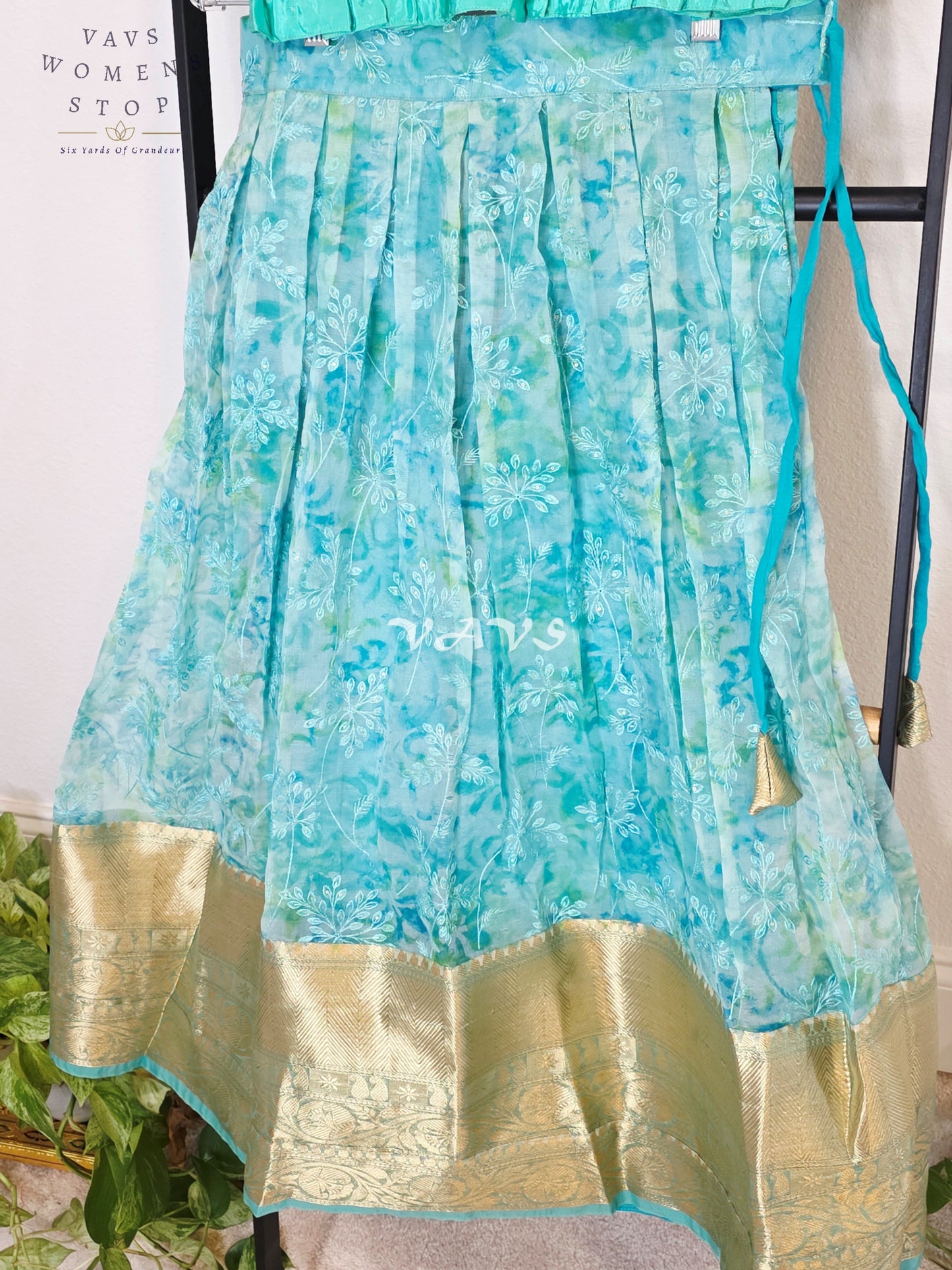 Royal Aqua Mint Shibori Organza Chikankari Lehenga Set with Seafoam Crepe Silk Sequins Butta Peplum Blouse | Girls 8–9 Years