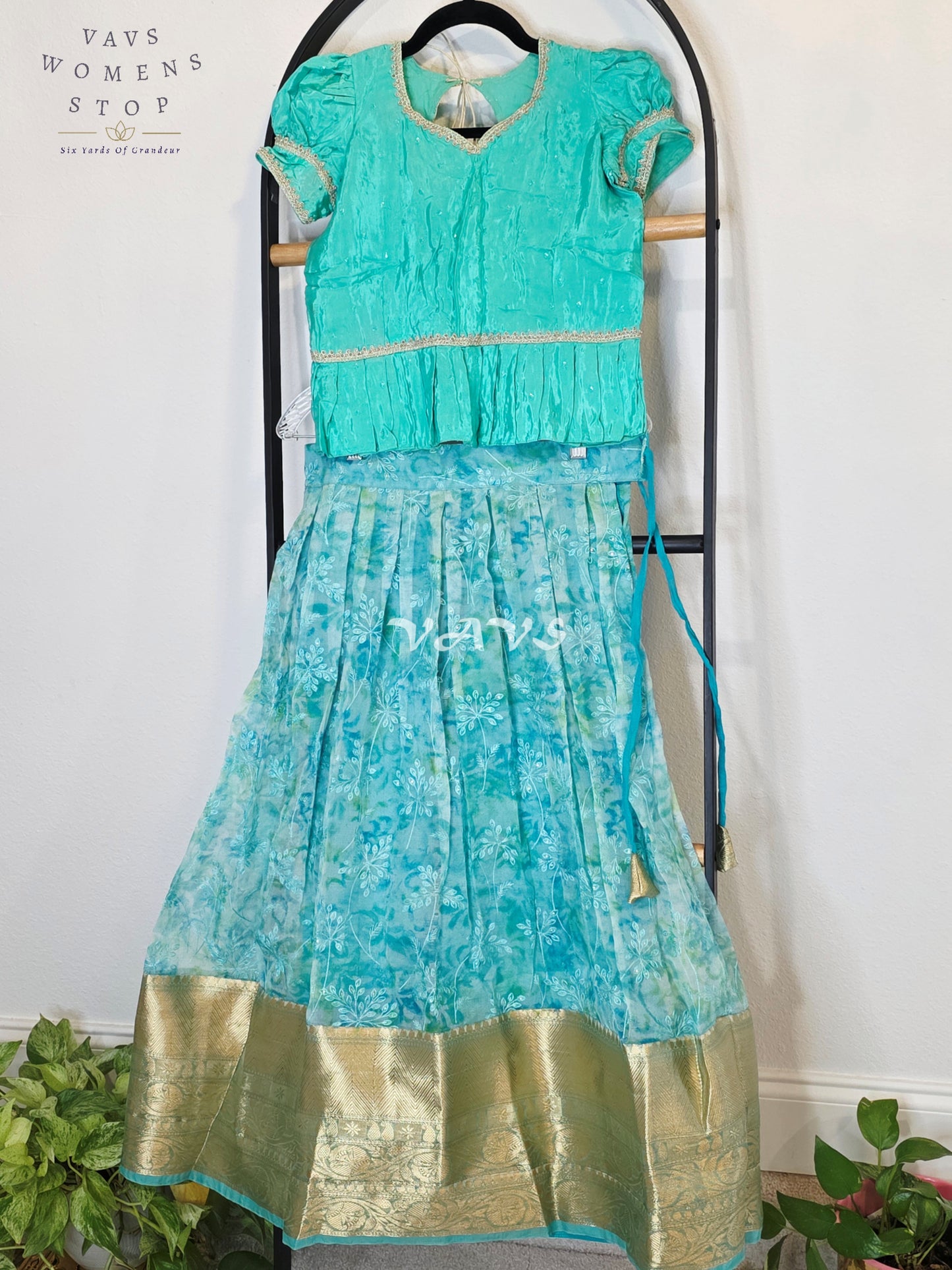 Royal Aqua Mint Shibori Organza Chikankari Lehenga Set with Seafoam Crepe Silk Sequins Butta Peplum Blouse | Girls 8–9 Years