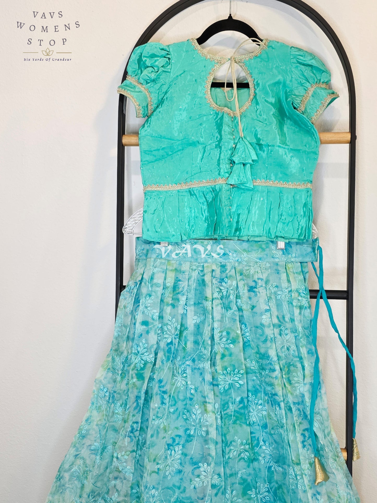 Royal Aqua Mint Shibori Organza Chikankari Lehenga Set with Seafoam Crepe Silk Sequins Butta Peplum Blouse | Girls 8–9 Years