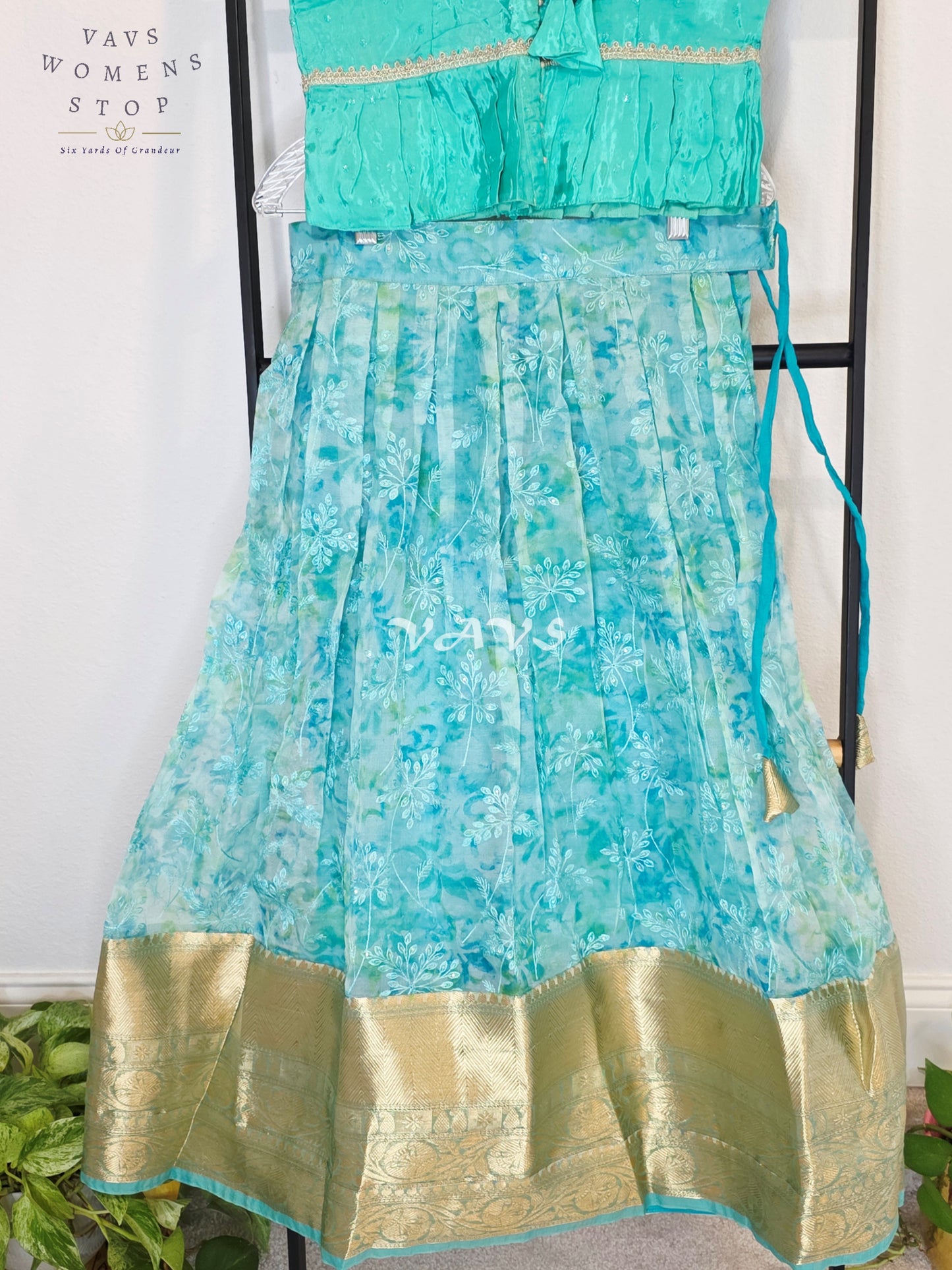 Royal Aqua Mint Shibori Organza Chikankari Lehenga Set with Seafoam Crepe Silk Sequins Butta Peplum Blouse | Girls 8–9 Years