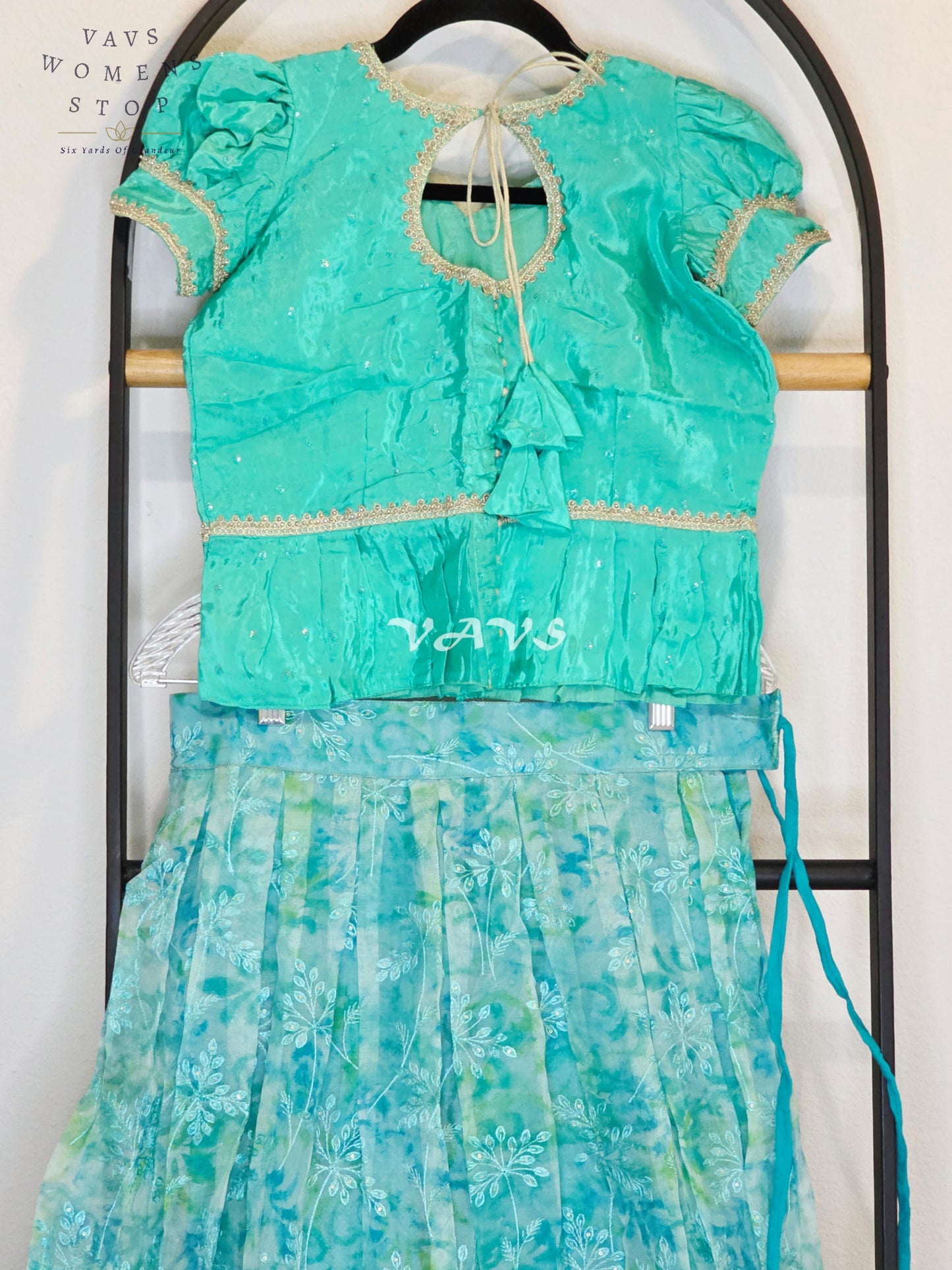 Royal Aqua Mint Shibori Organza Chikankari Lehenga Set with Seafoam Crepe Silk Sequins Butta Peplum Blouse | Girls 8–9 Years