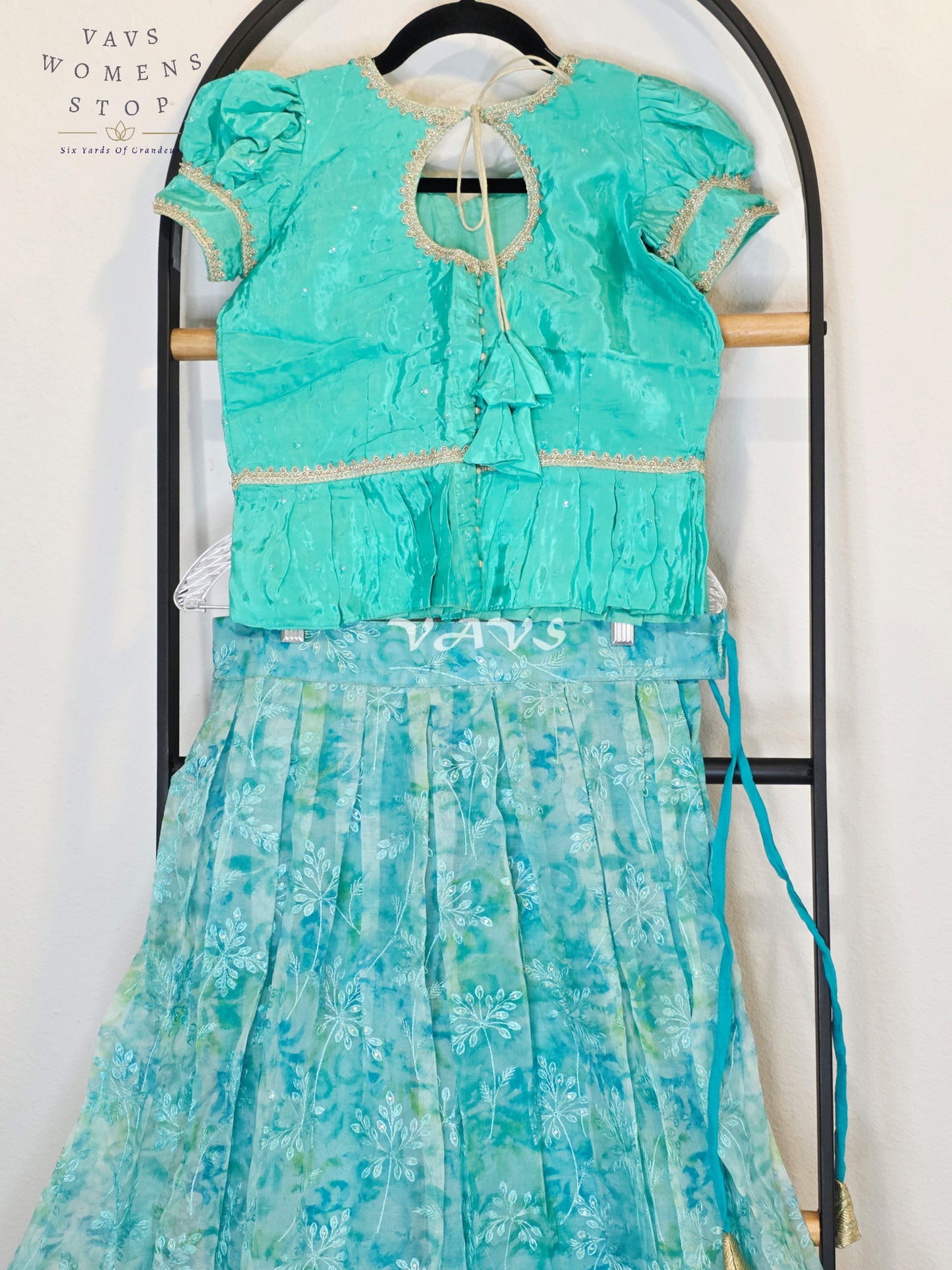 Royal Aqua Mint Shibori Organza Chikankari Lehenga Set with Seafoam Crepe Silk Sequins Butta Peplum Blouse | Girls 8–9 Years
