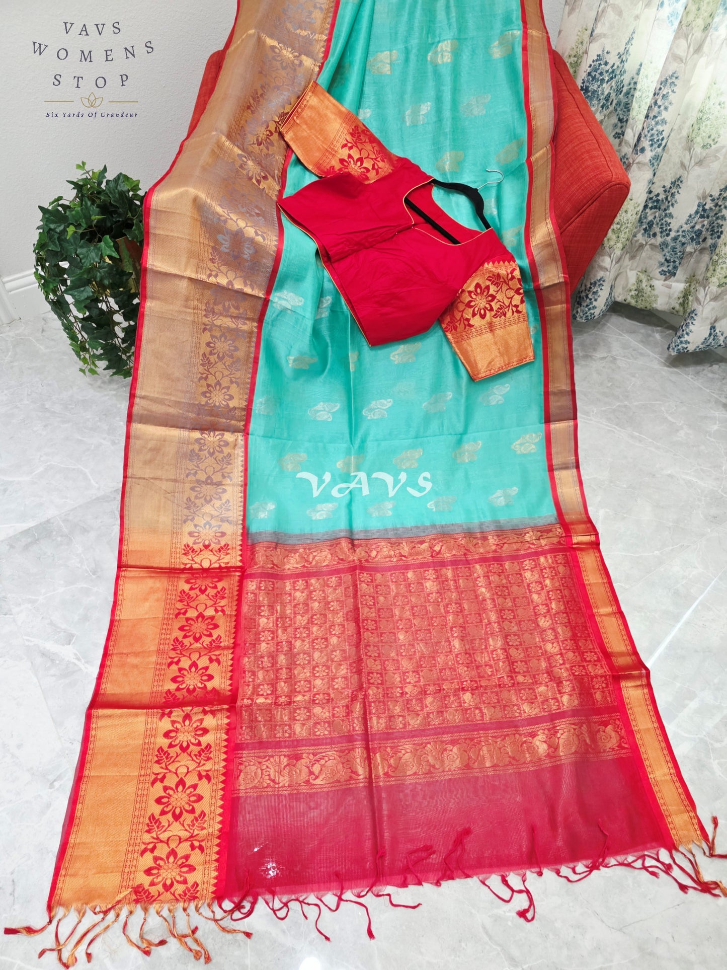 Royal Aqua Mint & Vermilion Red Mangalagiri Pattu Handloom Silk Cotton Saree with Antique Gold Zari Border & Stitched Blouse