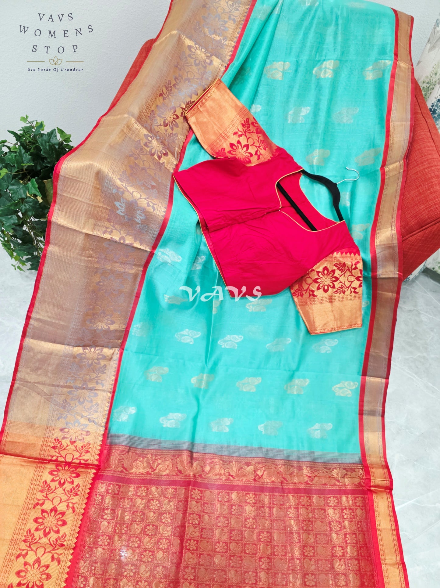 Royal Aqua Mint & Vermilion Red Mangalagiri Pattu Handloom Silk Cotton Saree with Antique Gold Zari Border & Stitched Blouse