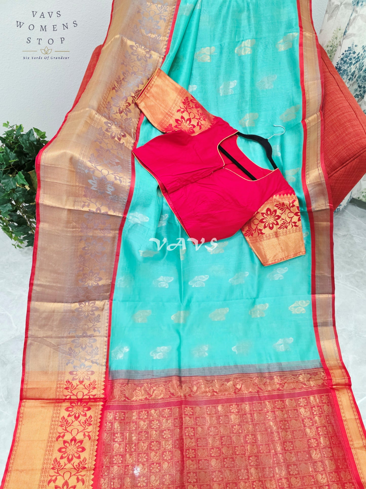 Royal Aqua Mint & Vermilion Red Mangalagiri Pattu Handloom Silk Cotton Saree with Antique Gold Zari Border & Stitched Blouse