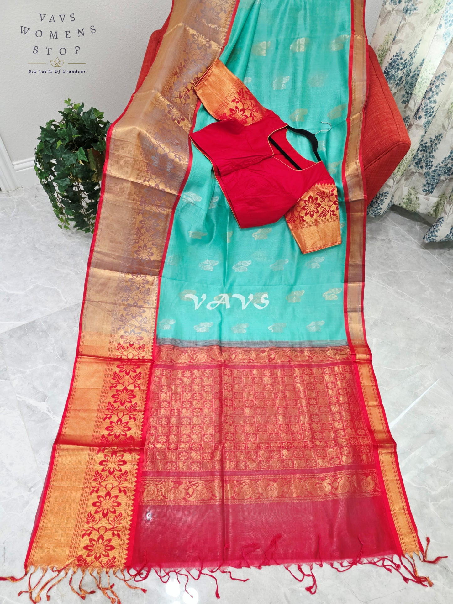 Royal Aqua Mint & Vermilion Red Mangalagiri Pattu Handloom Silk Cotton Saree with Antique Gold Zari Border & Stitched Blouse