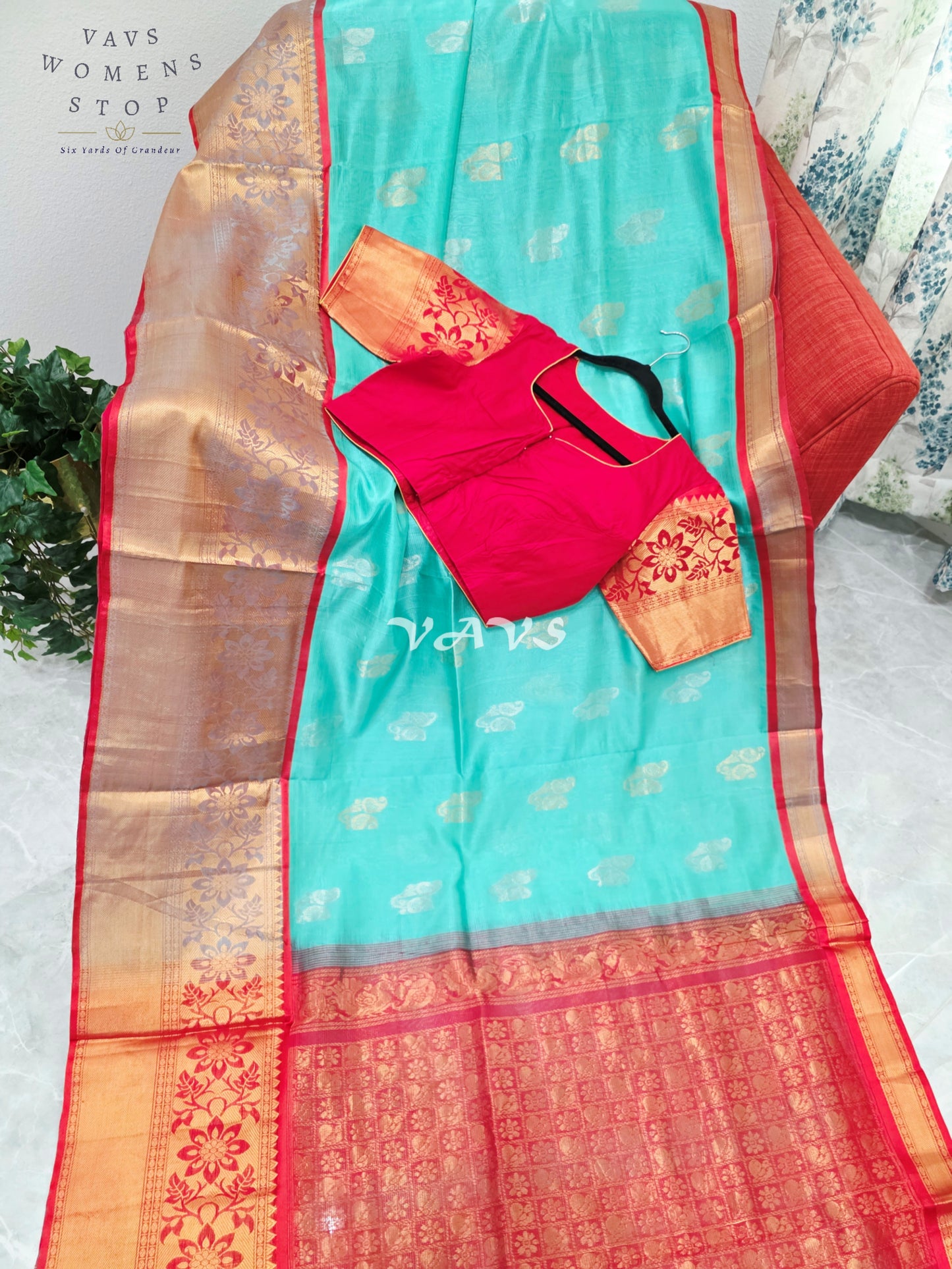 Royal Aqua Mint & Vermilion Red Mangalagiri Pattu Handloom Silk Cotton Saree with Antique Gold Zari Border & Stitched Blouse