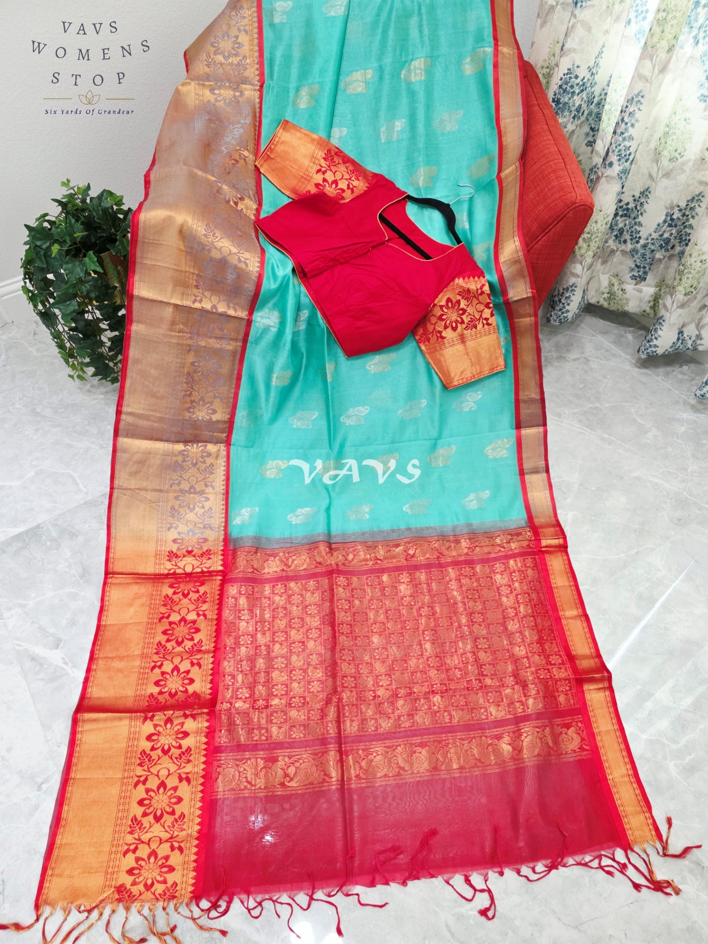 Royal Aqua Mint & Vermilion Red Mangalagiri Pattu Handloom Silk Cotton Saree with Antique Gold Zari Border & Stitched Blouse