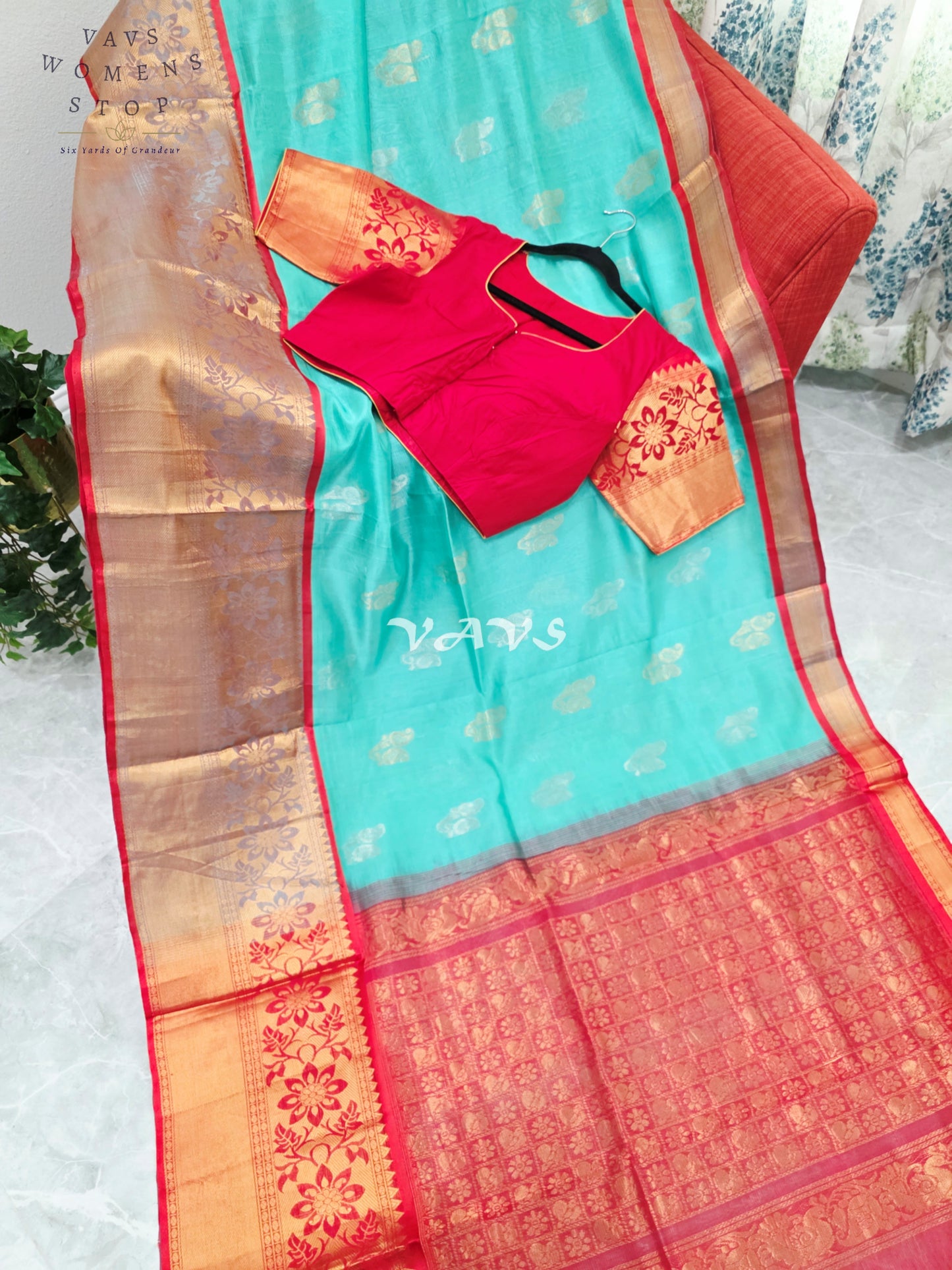 Royal Aqua Mint & Vermilion Red Mangalagiri Pattu Handloom Silk Cotton Saree with Antique Gold Zari Border & Stitched Blouse