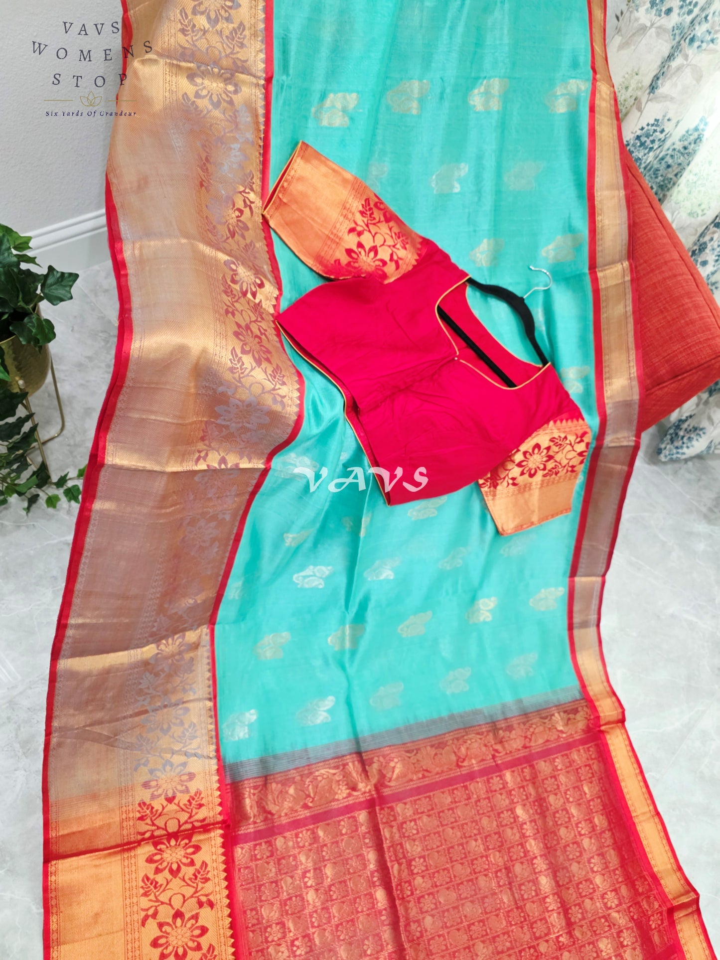 Royal Aqua Mint & Vermilion Red Mangalagiri Pattu Handloom Silk Cotton Saree with Antique Gold Zari Border & Stitched Blouse