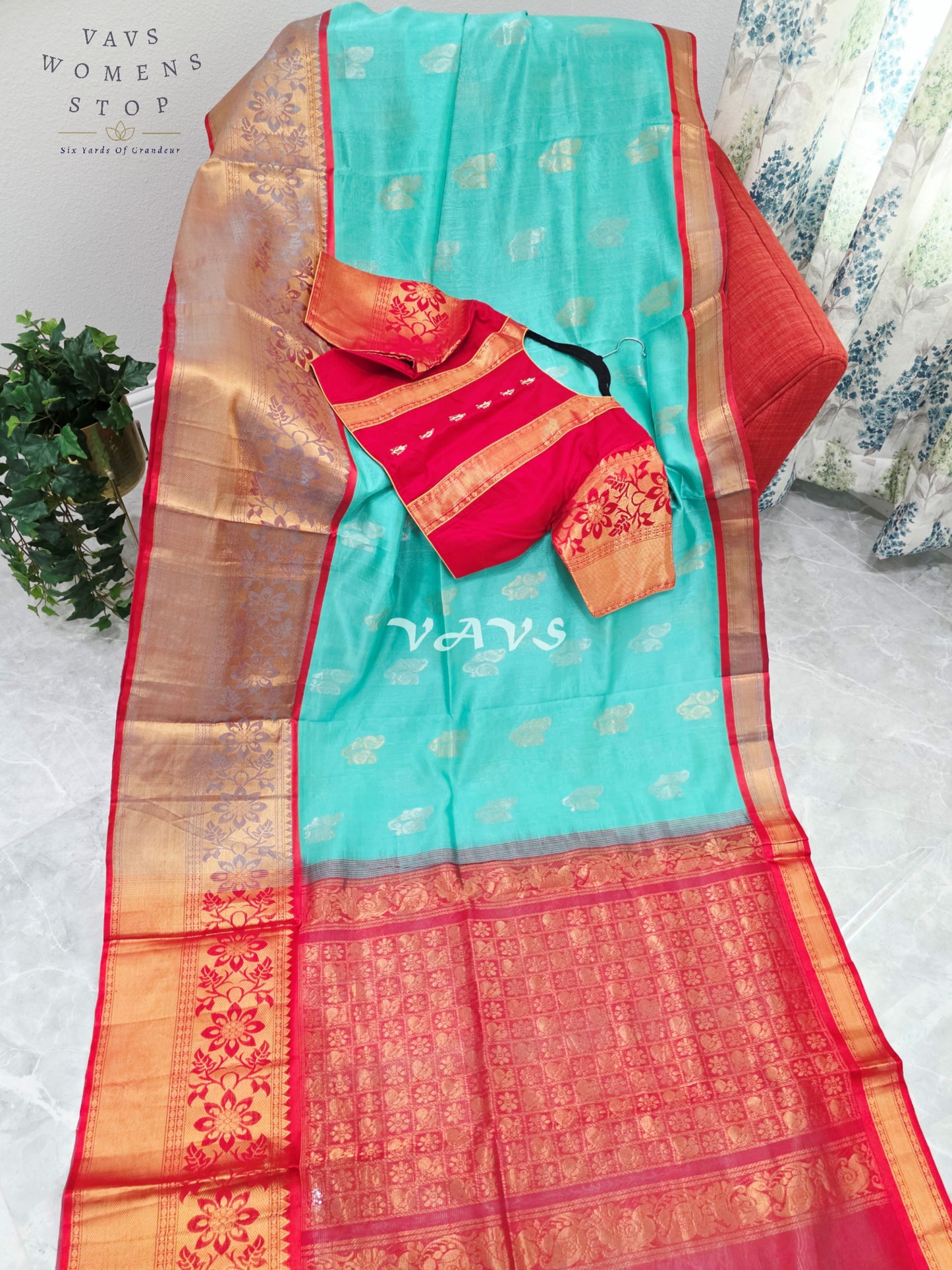 Royal Aqua Mint & Vermilion Red Mangalagiri Pattu Handloom Silk Cotton Saree with Antique Gold Zari Border & Stitched Blouse