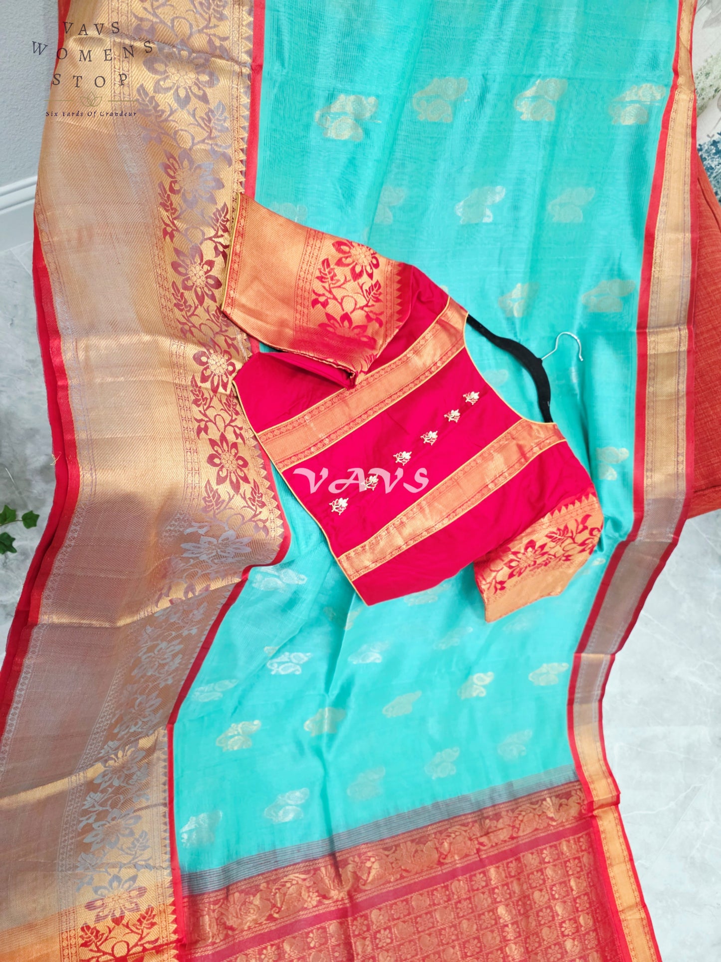Royal Aqua Mint & Vermilion Red Mangalagiri Pattu Handloom Silk Cotton Saree with Antique Gold Zari Border & Stitched Blouse