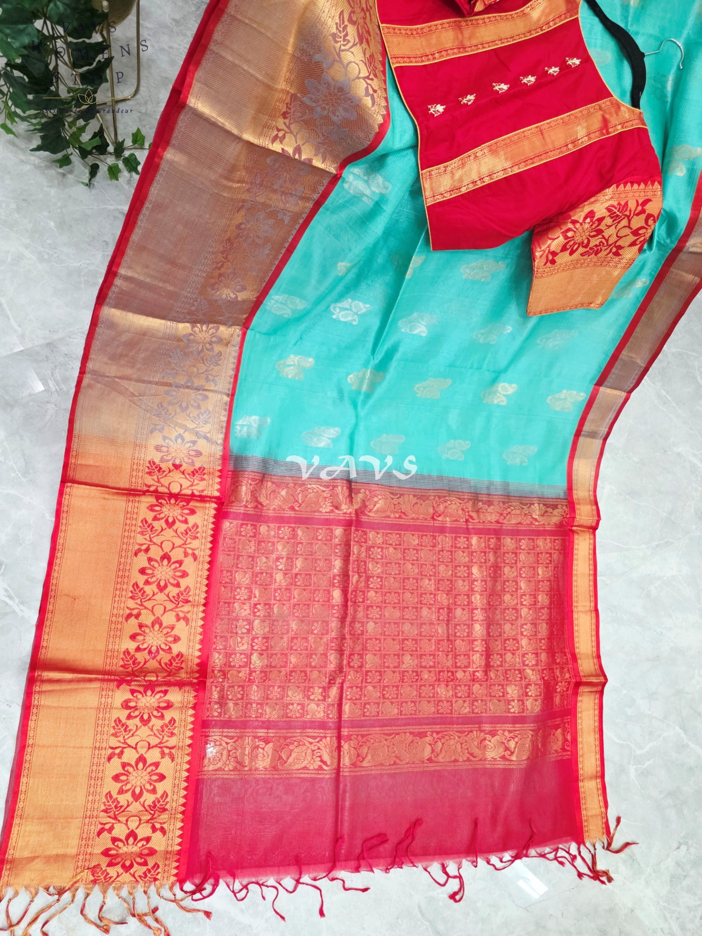 Royal Aqua Mint & Vermilion Red Mangalagiri Pattu Handloom Silk Cotton Saree with Antique Gold Zari Border & Stitched Blouse