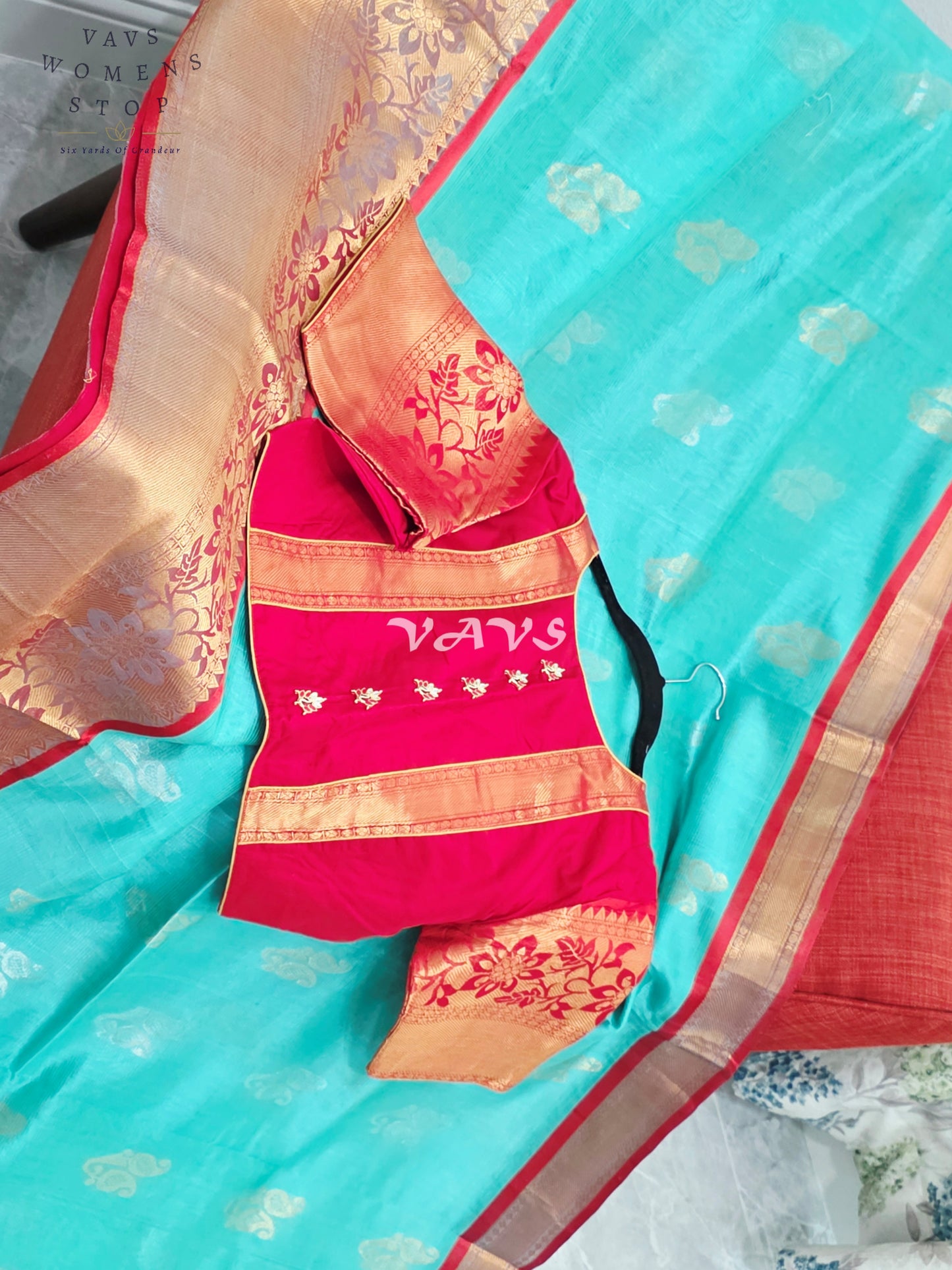 Royal Aqua Mint & Vermilion Red Mangalagiri Pattu Handloom Silk Cotton Saree with Antique Gold Zari Border & Stitched Blouse