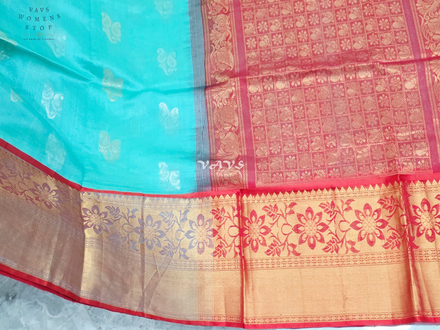 Royal Aqua Mint & Vermilion Red Mangalagiri Pattu Handloom Silk Cotton Saree with Antique Gold Zari Border & Stitched Blouse