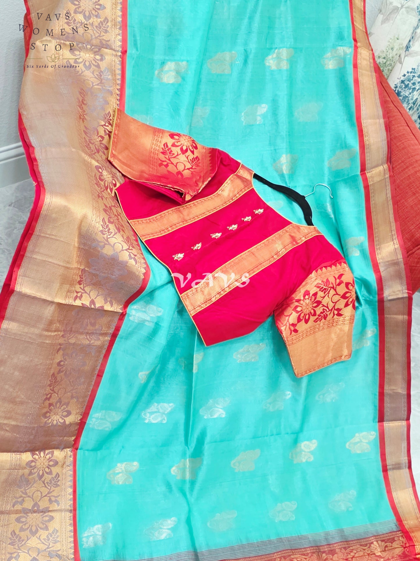 Royal Aqua Mint & Vermilion Red Mangalagiri Pattu Handloom Silk Cotton Saree with Antique Gold Zari Border & Stitched Blouse