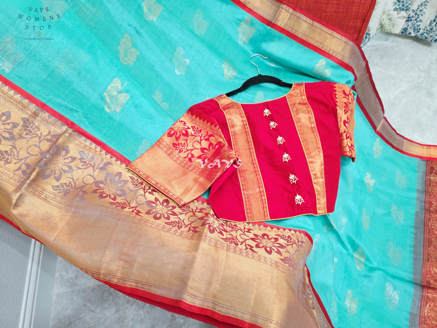 Royal Aqua Mint & Vermilion Red Mangalagiri Pattu Handloom Silk Cotton Saree with Antique Gold Zari Border & Stitched Blouse