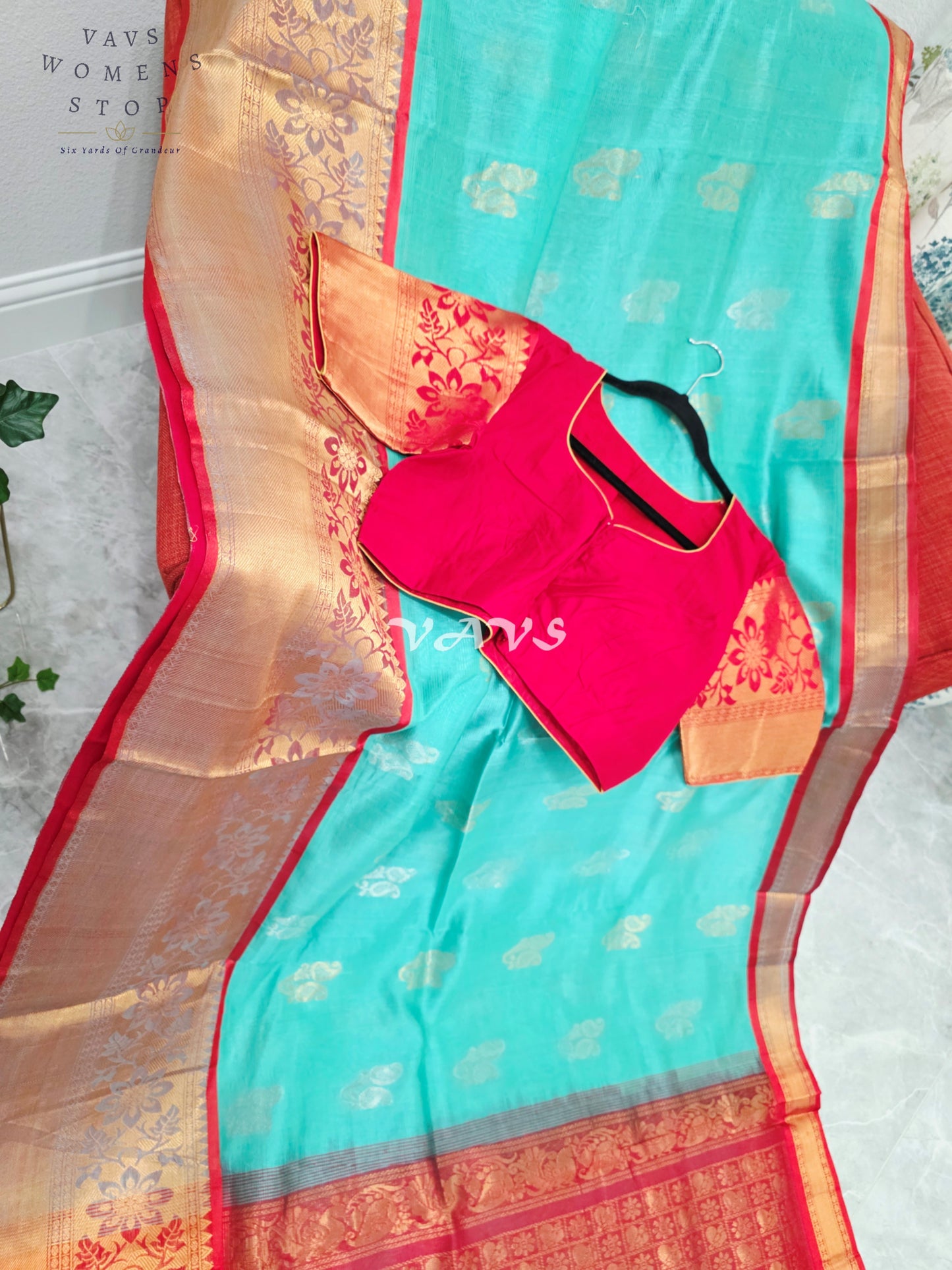 Royal Aqua Mint & Vermilion Red Mangalagiri Pattu Handloom Silk Cotton Saree with Antique Gold Zari Border & Stitched Blouse