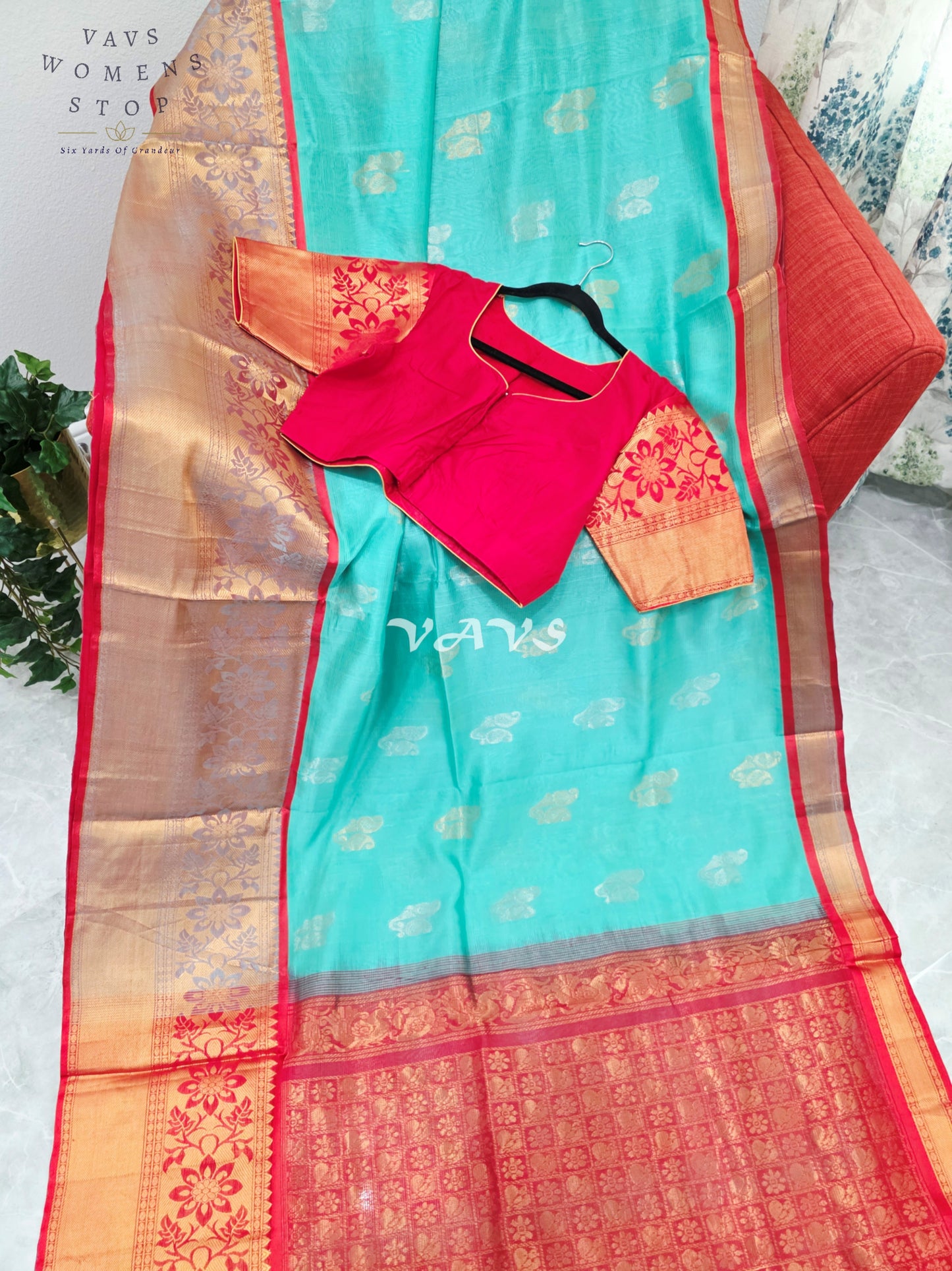 Royal Aqua Mint & Vermilion Red Mangalagiri Pattu Handloom Silk Cotton Saree with Antique Gold Zari Border & Stitched Blouse