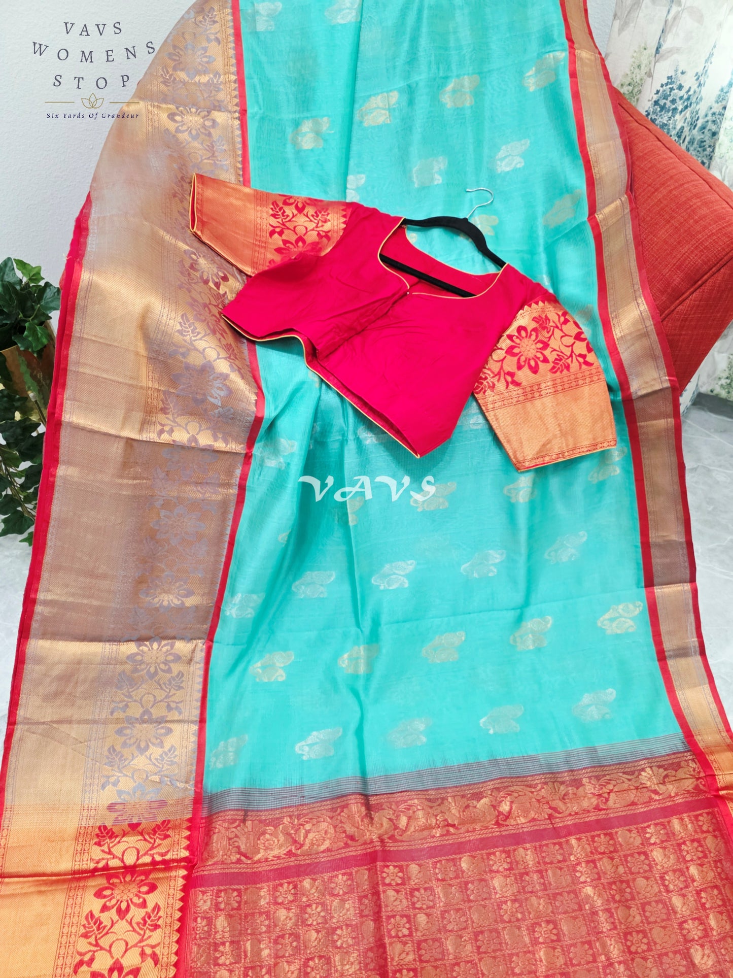 Royal Aqua Mint & Vermilion Red Mangalagiri Pattu Handloom Silk Cotton Saree with Antique Gold Zari Border & Stitched Blouse