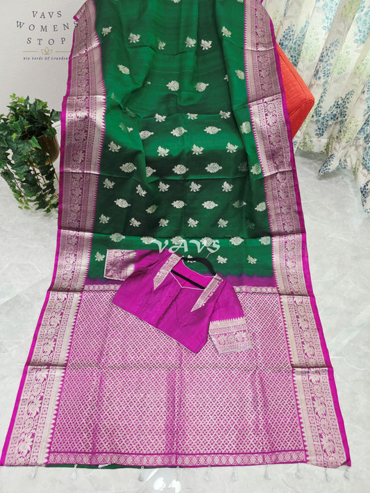 Royal Emerald Green & Orchid Magenta Pure Venkatagiri Handloom Saree with Silver Zari Buttas & Premium Stitched Blouse