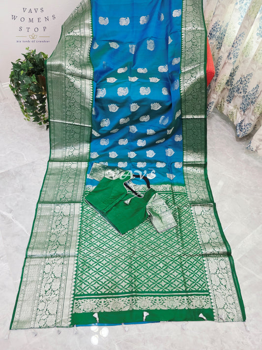 Royal Peacock Teal Blue & Emerald Green Pure Venkatagiri Handloom Saree with Silver Zari Border & Stitched Blouse Size 34-40