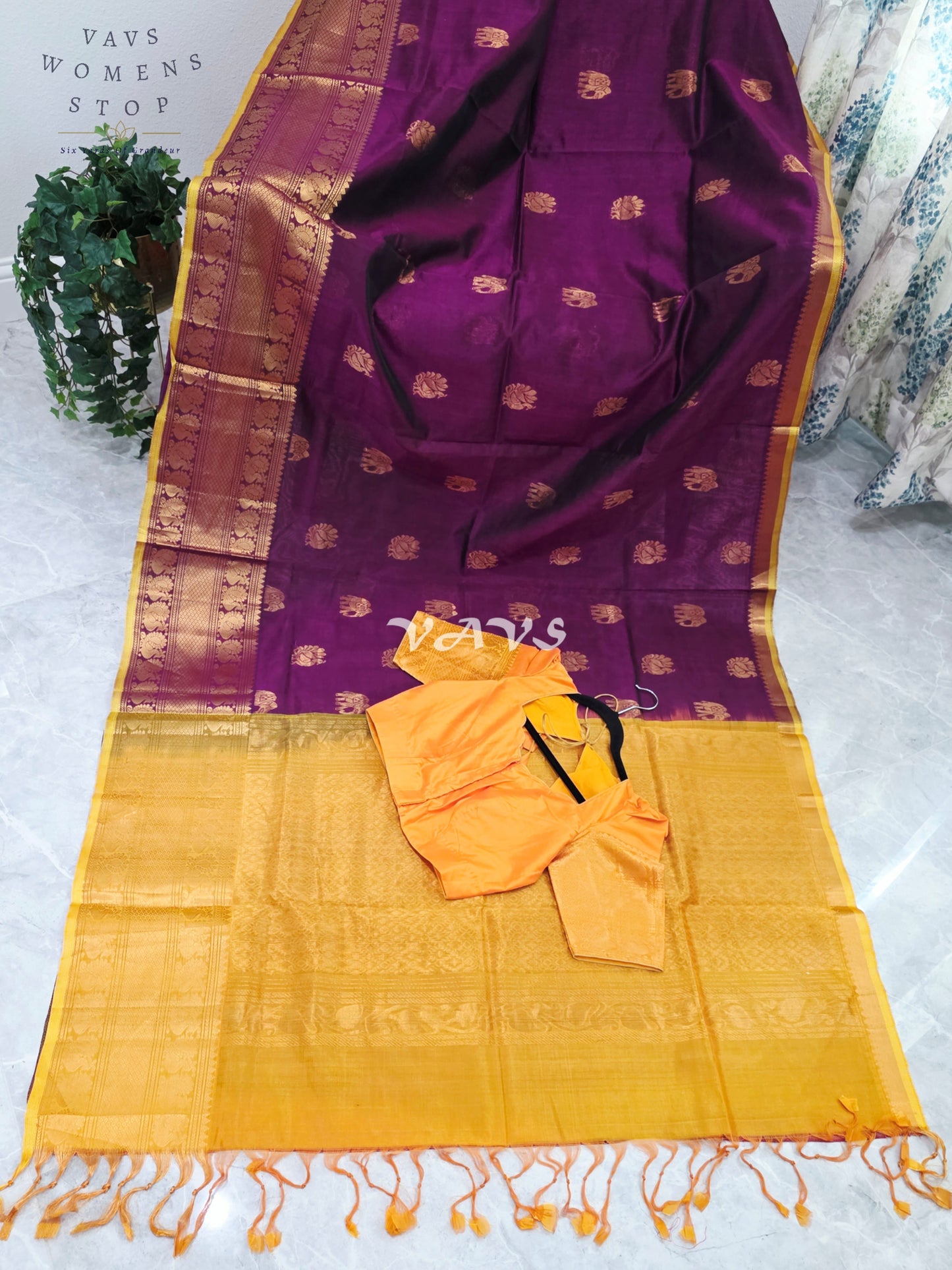 Royal Mulberry Wine & Golden Marigold Mangalagiri Pattu Handloom Silk Cotton Saree with Antique Gold Zari Buttas & Stitched Blouse
