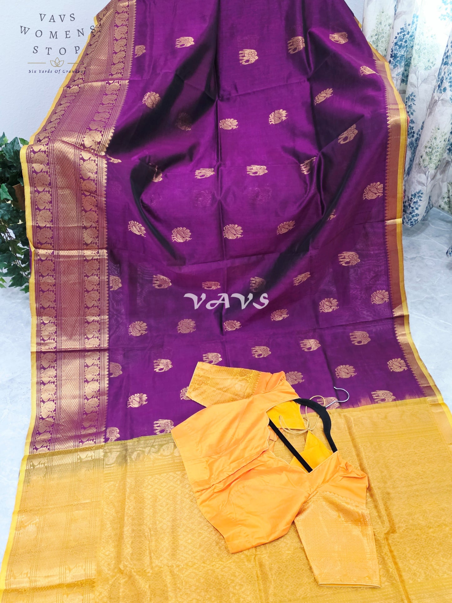 Royal Mulberry Wine & Golden Marigold Mangalagiri Pattu Handloom Silk Cotton Saree with Antique Gold Zari Buttas & Stitched Blouse