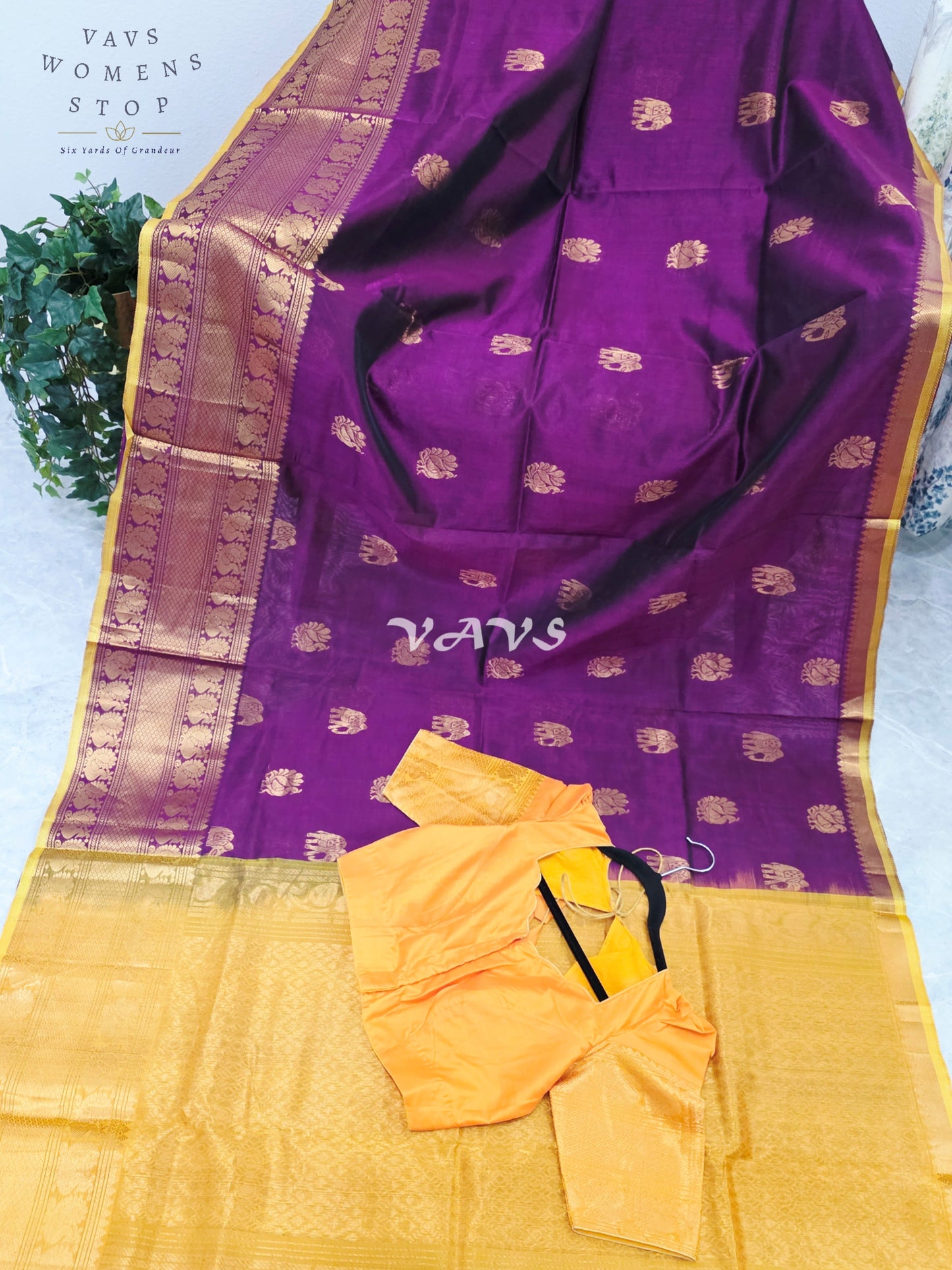 Royal Mulberry Wine & Golden Marigold Mangalagiri Pattu Handloom Silk Cotton Saree with Antique Gold Zari Buttas & Stitched Blouse