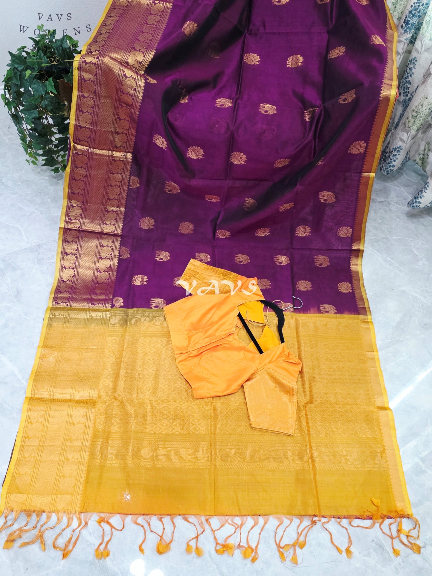 Royal Mulberry Wine & Golden Marigold Mangalagiri Pattu Handloom Silk Cotton Saree with Antique Gold Zari Buttas & Stitched Blouse
