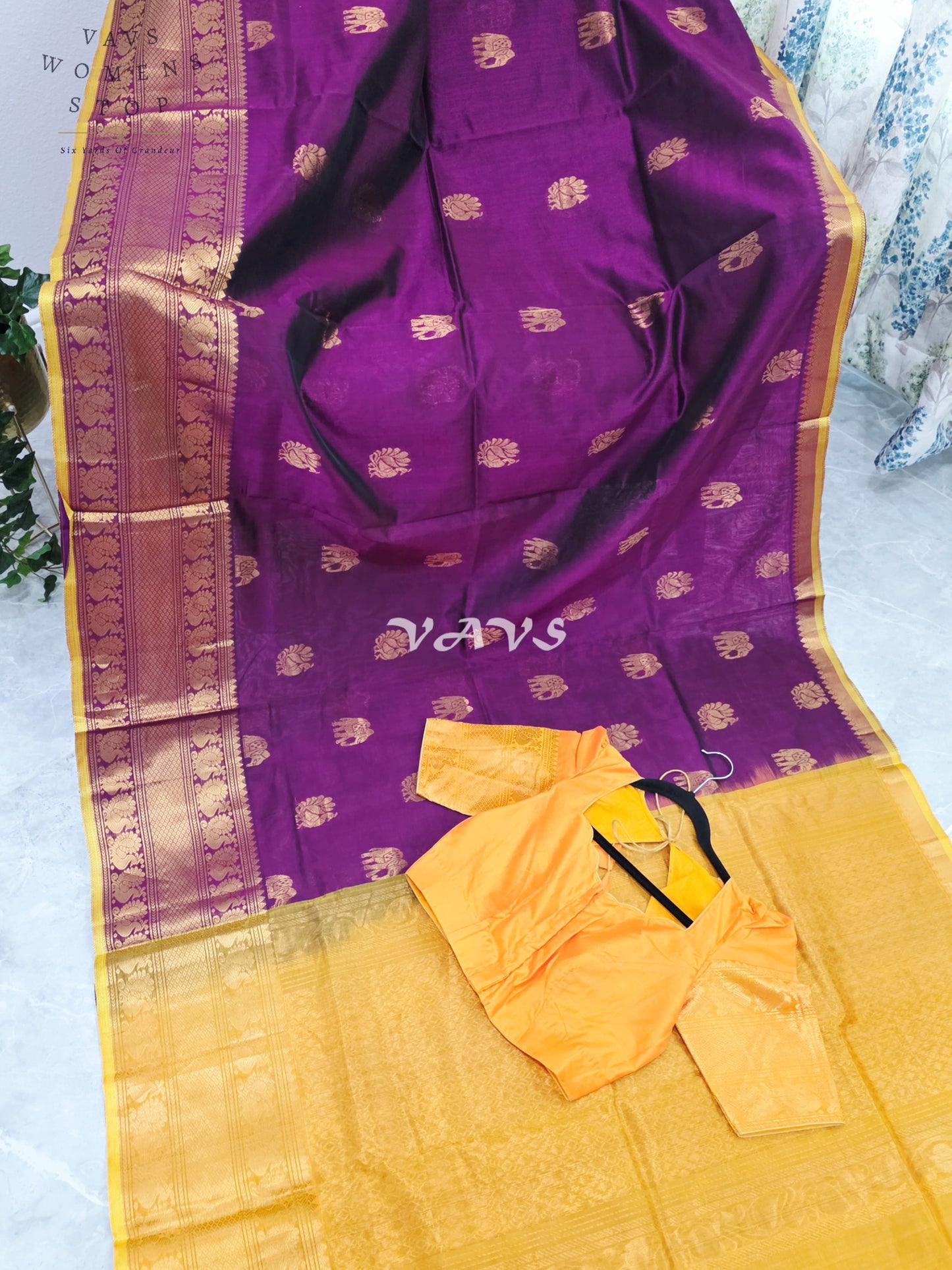 Royal Mulberry Wine & Golden Marigold Mangalagiri Pattu Handloom Silk Cotton Saree with Antique Gold Zari Buttas & Stitched Blouse