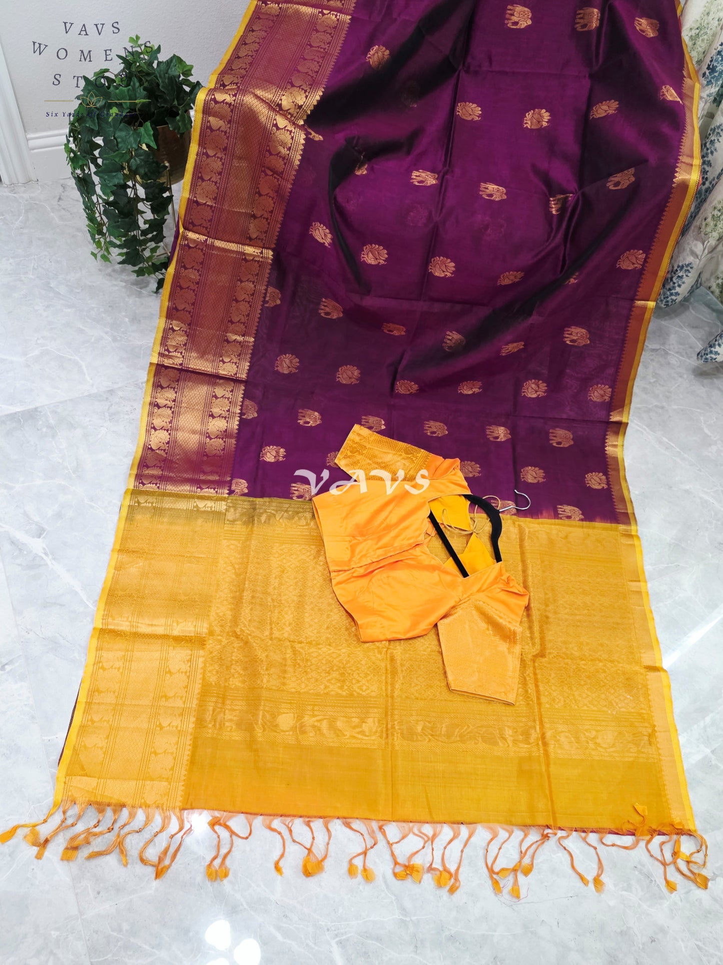 Royal Mulberry Wine & Golden Marigold Mangalagiri Pattu Handloom Silk Cotton Saree with Antique Gold Zari Buttas & Stitched Blouse