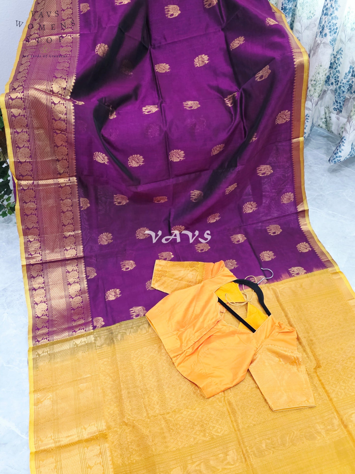 Royal Mulberry Wine & Golden Marigold Mangalagiri Pattu Handloom Silk Cotton Saree with Antique Gold Zari Buttas & Stitched Blouse