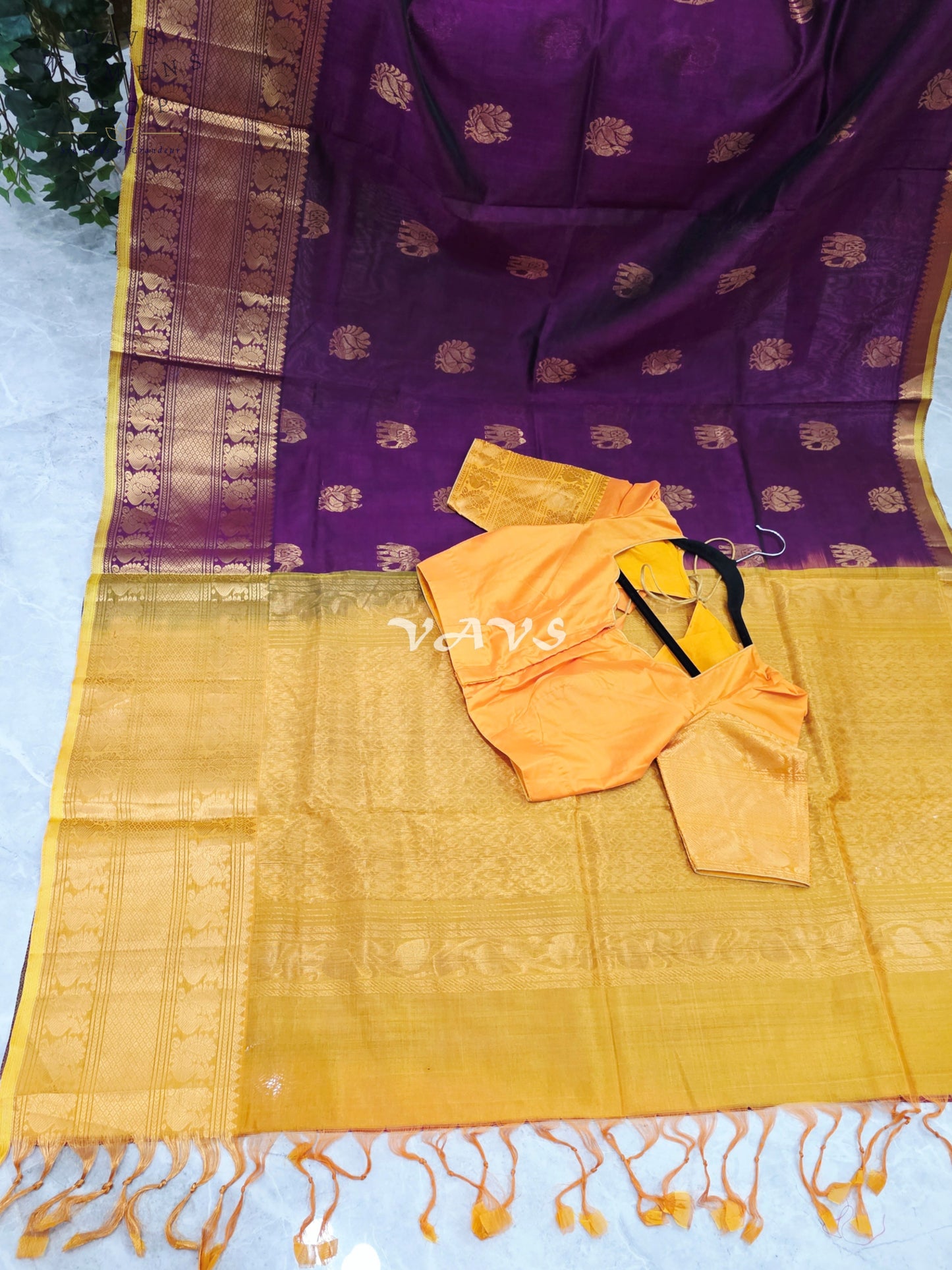 Royal Mulberry Wine & Golden Marigold Mangalagiri Pattu Handloom Silk Cotton Saree with Antique Gold Zari Buttas & Stitched Blouse