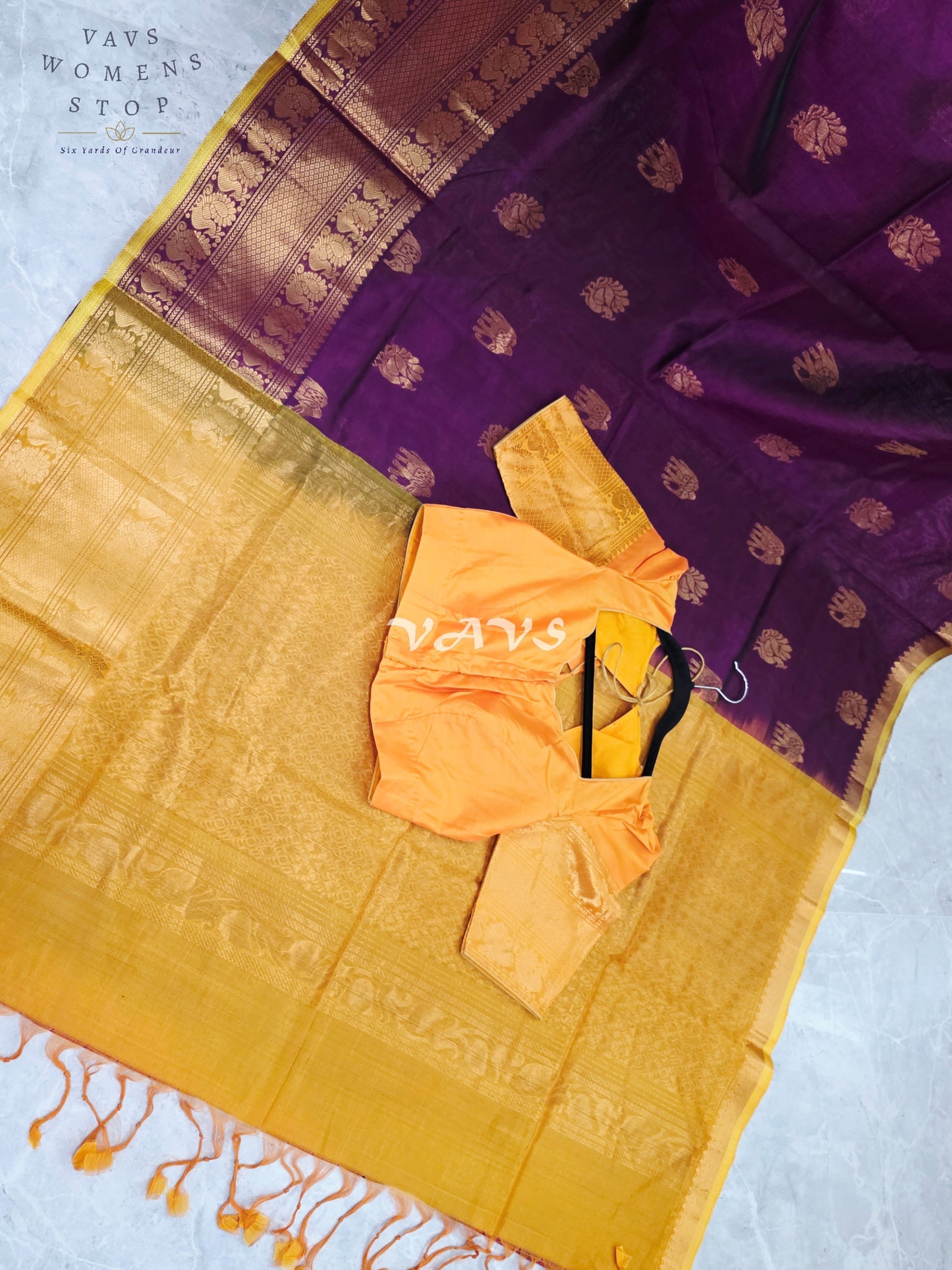 Royal Mulberry Wine & Golden Marigold Mangalagiri Pattu Handloom Silk Cotton Saree with Antique Gold Zari Buttas & Stitched Blouse