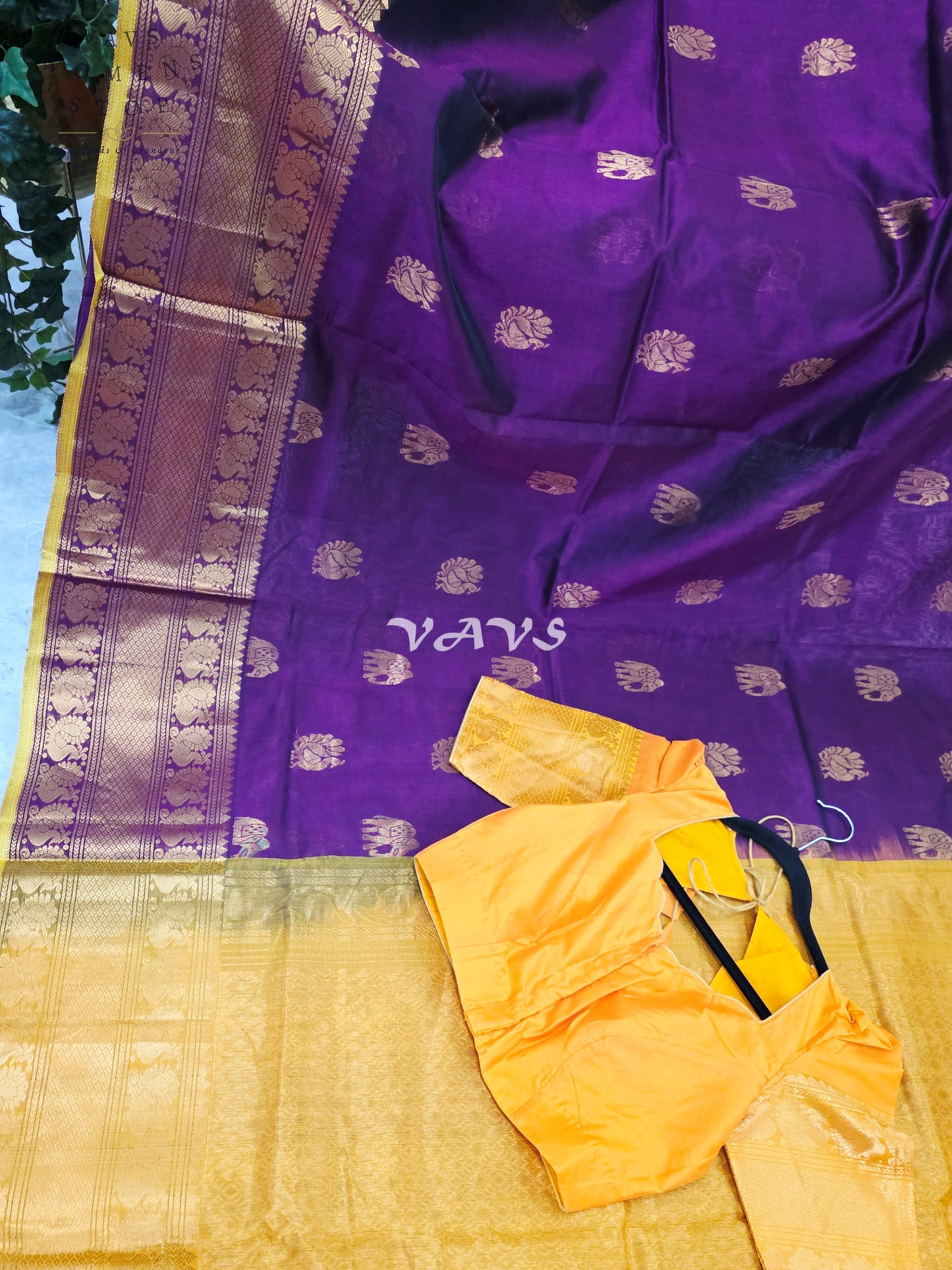 Royal Mulberry Wine & Golden Marigold Mangalagiri Pattu Handloom Silk Cotton Saree with Antique Gold Zari Buttas & Stitched Blouse