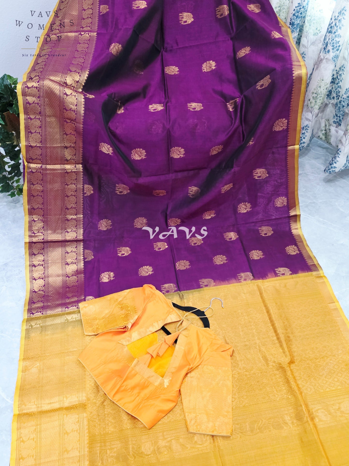 Royal Mulberry Wine & Golden Marigold Mangalagiri Pattu Handloom Silk Cotton Saree with Antique Gold Zari Buttas & Stitched Blouse