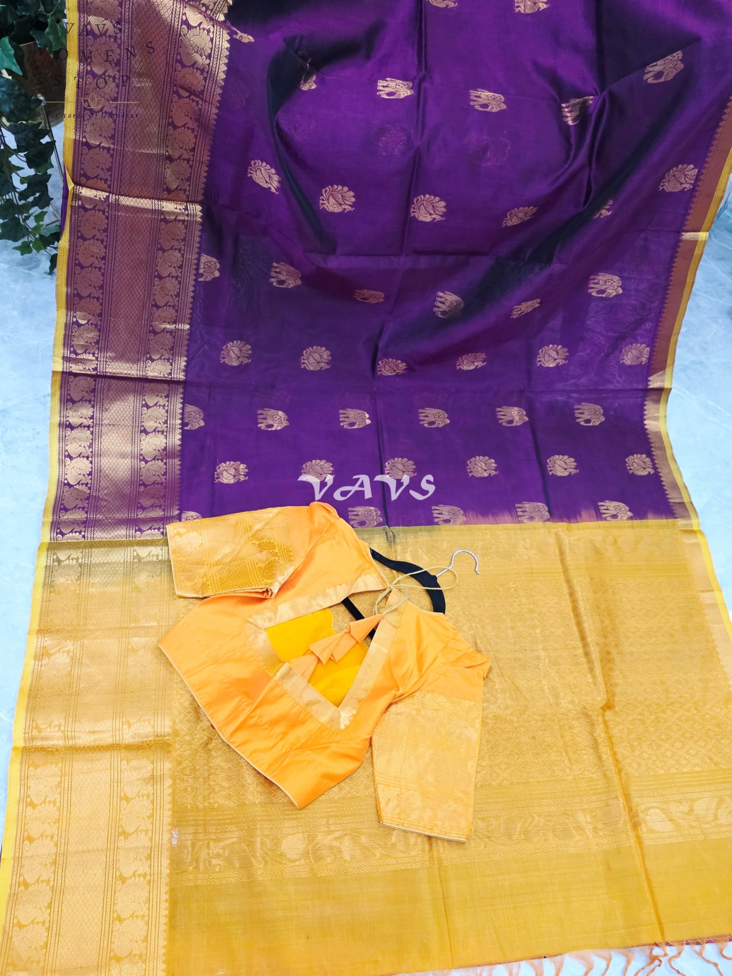 Royal Mulberry Wine & Golden Marigold Mangalagiri Pattu Handloom Silk Cotton Saree with Antique Gold Zari Buttas & Stitched Blouse
