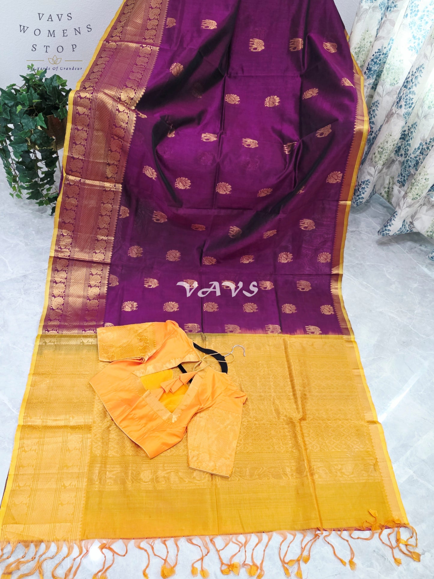 Royal Mulberry Wine & Golden Marigold Mangalagiri Pattu Handloom Silk Cotton Saree with Antique Gold Zari Buttas & Stitched Blouse