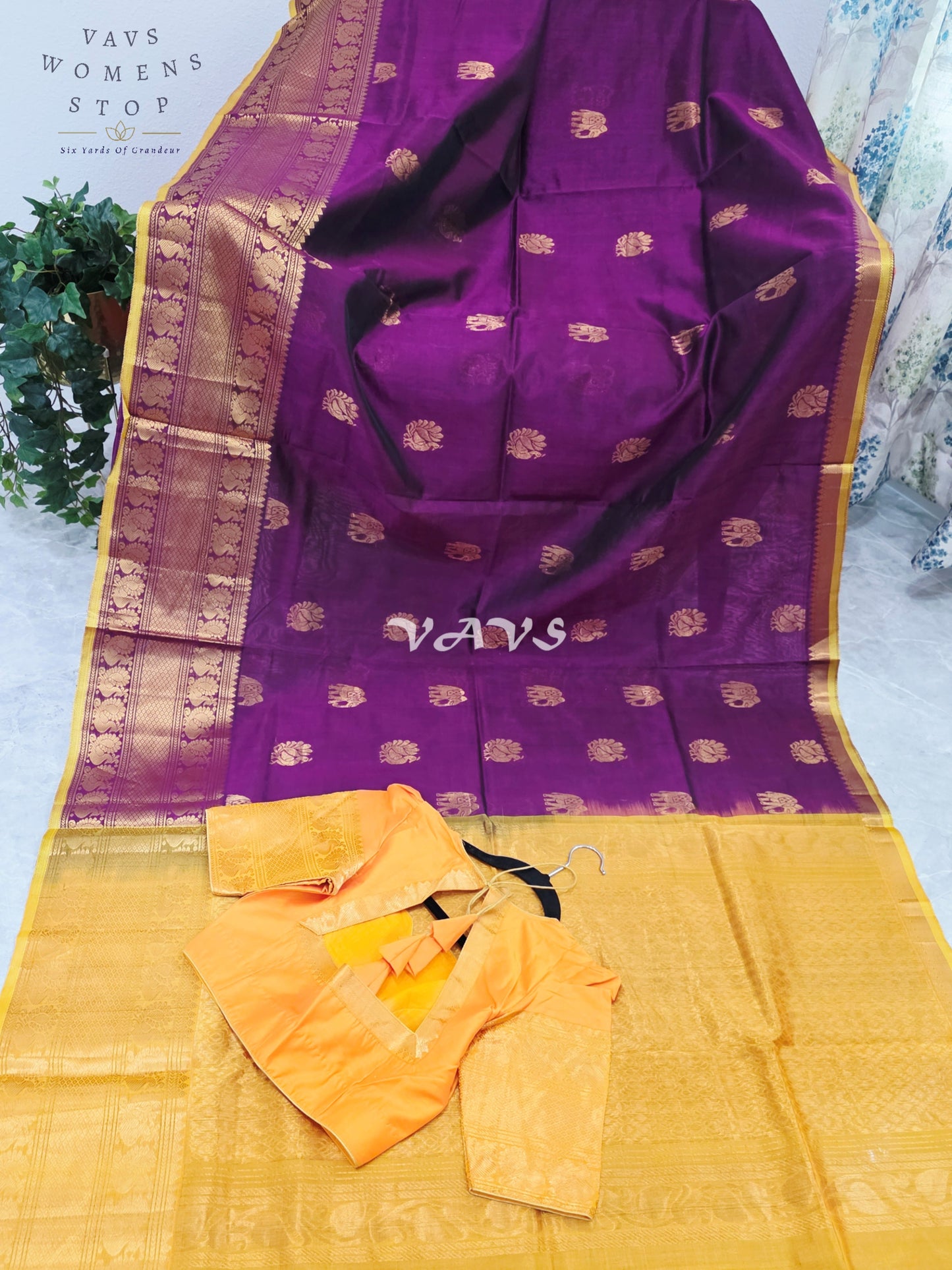 Royal Mulberry Wine & Golden Marigold Mangalagiri Pattu Handloom Silk Cotton Saree with Antique Gold Zari Buttas & Stitched Blouse
