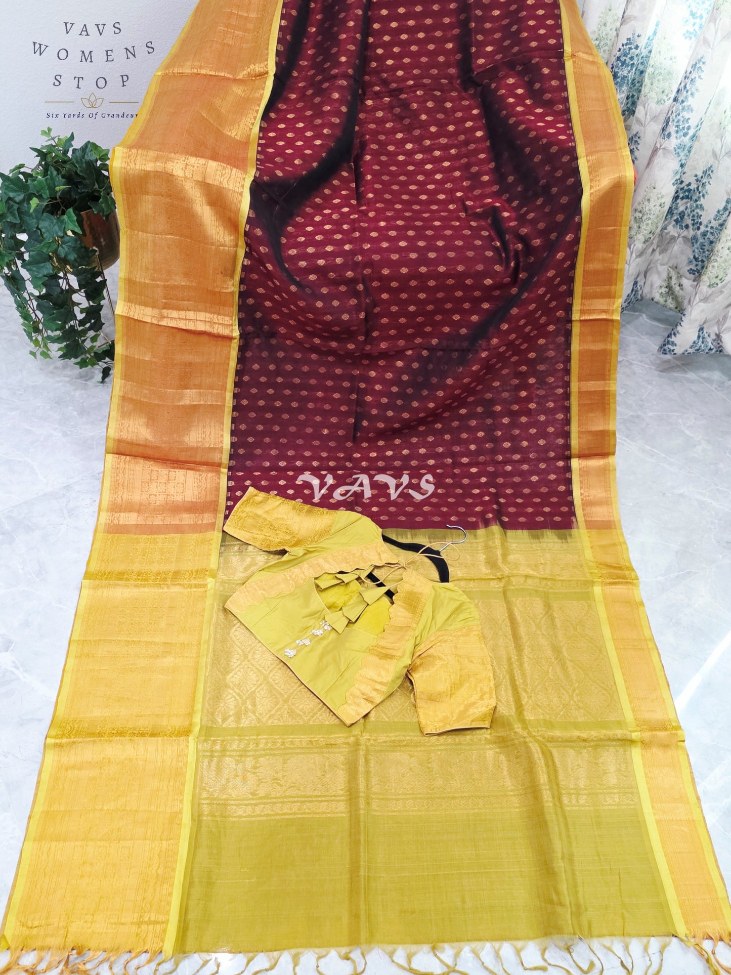 Royal Burgundy Wine & Antique Gold Mangalagiri Pattu Handloom Silk Cotton Saree with Stitched Blouse