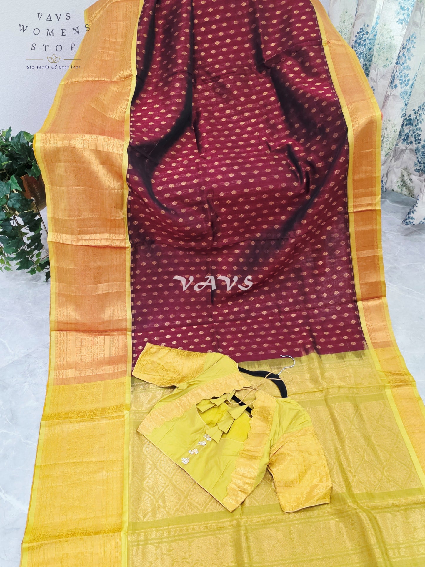 Royal Burgundy Wine & Antique Gold Mangalagiri Pattu Handloom Silk Cotton Saree with Stitched Blouse