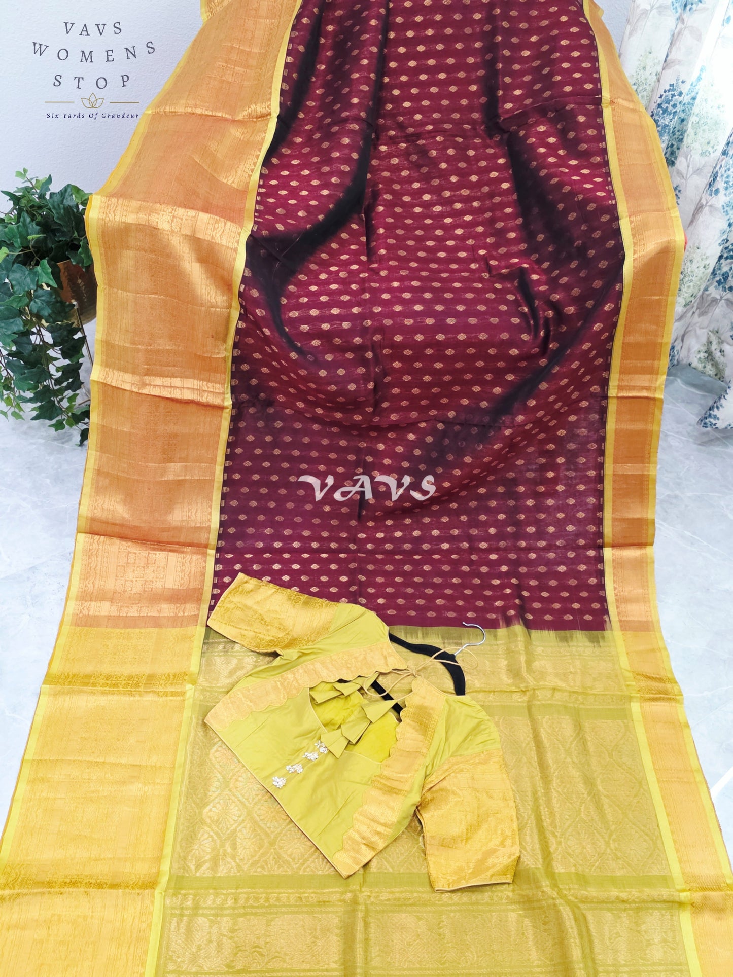 Royal Burgundy Wine & Antique Gold Mangalagiri Pattu Handloom Silk Cotton Saree with Stitched Blouse