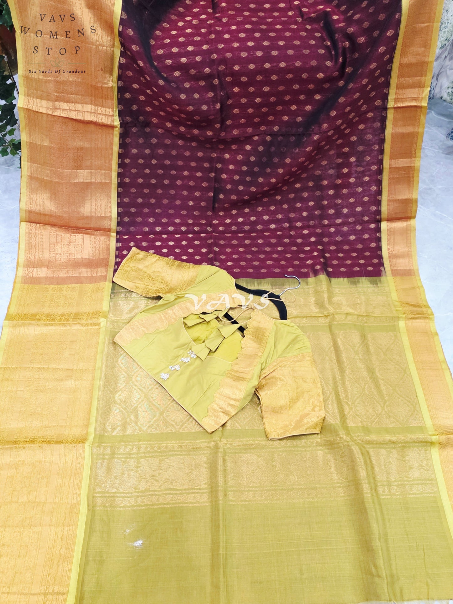 Royal Burgundy Wine & Antique Gold Mangalagiri Pattu Handloom Silk Cotton Saree with Stitched Blouse
