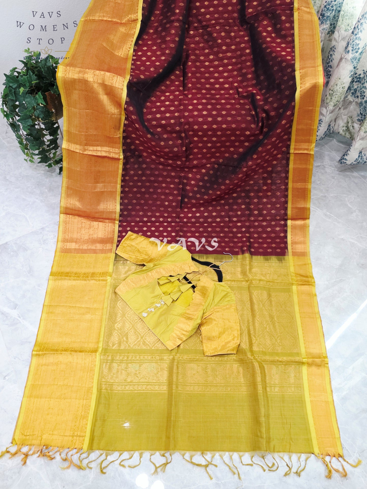 Royal Burgundy Wine & Antique Gold Mangalagiri Pattu Handloom Silk Cotton Saree with Stitched Blouse