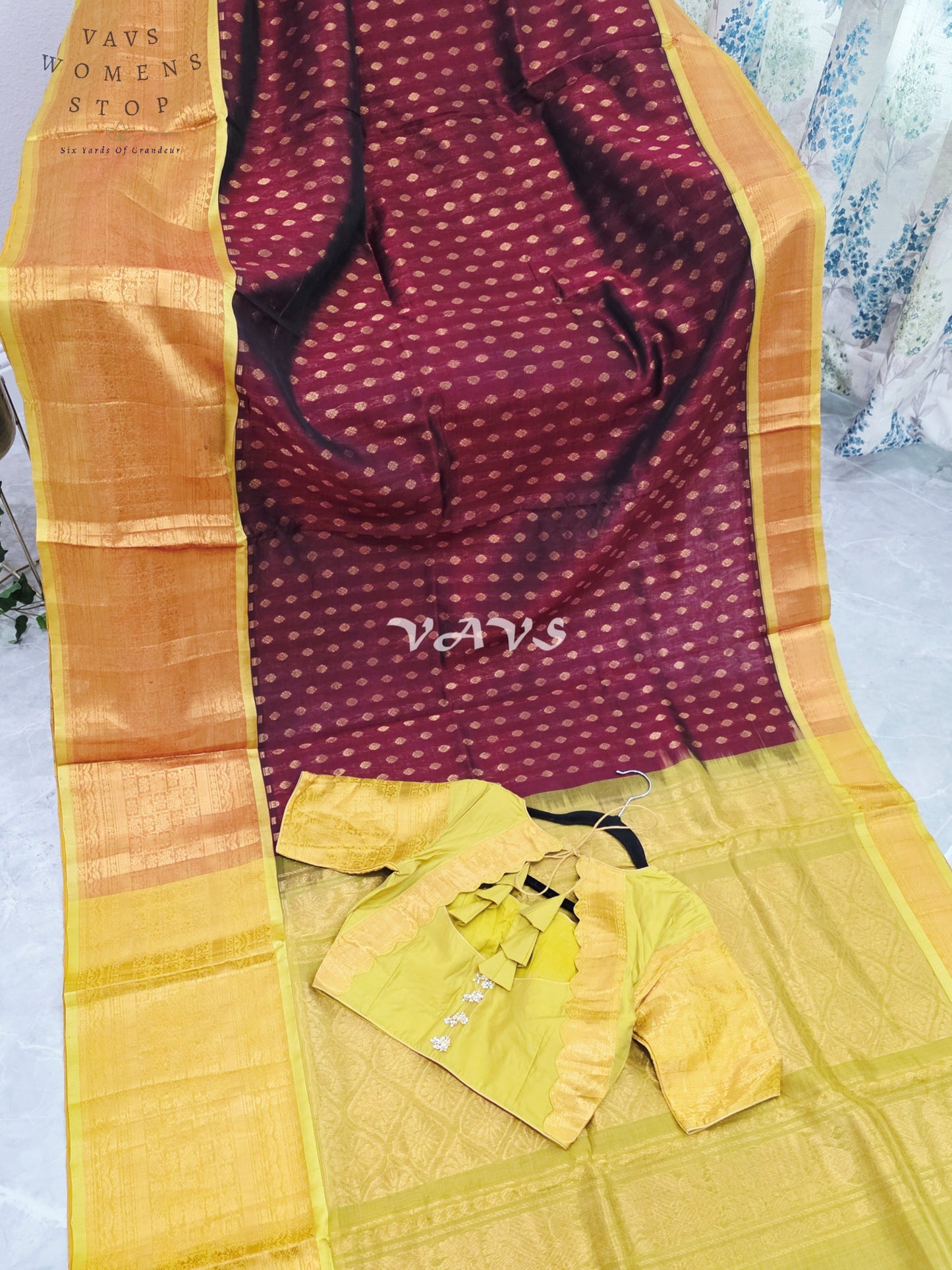Royal Burgundy Wine & Antique Gold Mangalagiri Pattu Handloom Silk Cotton Saree with Stitched Blouse